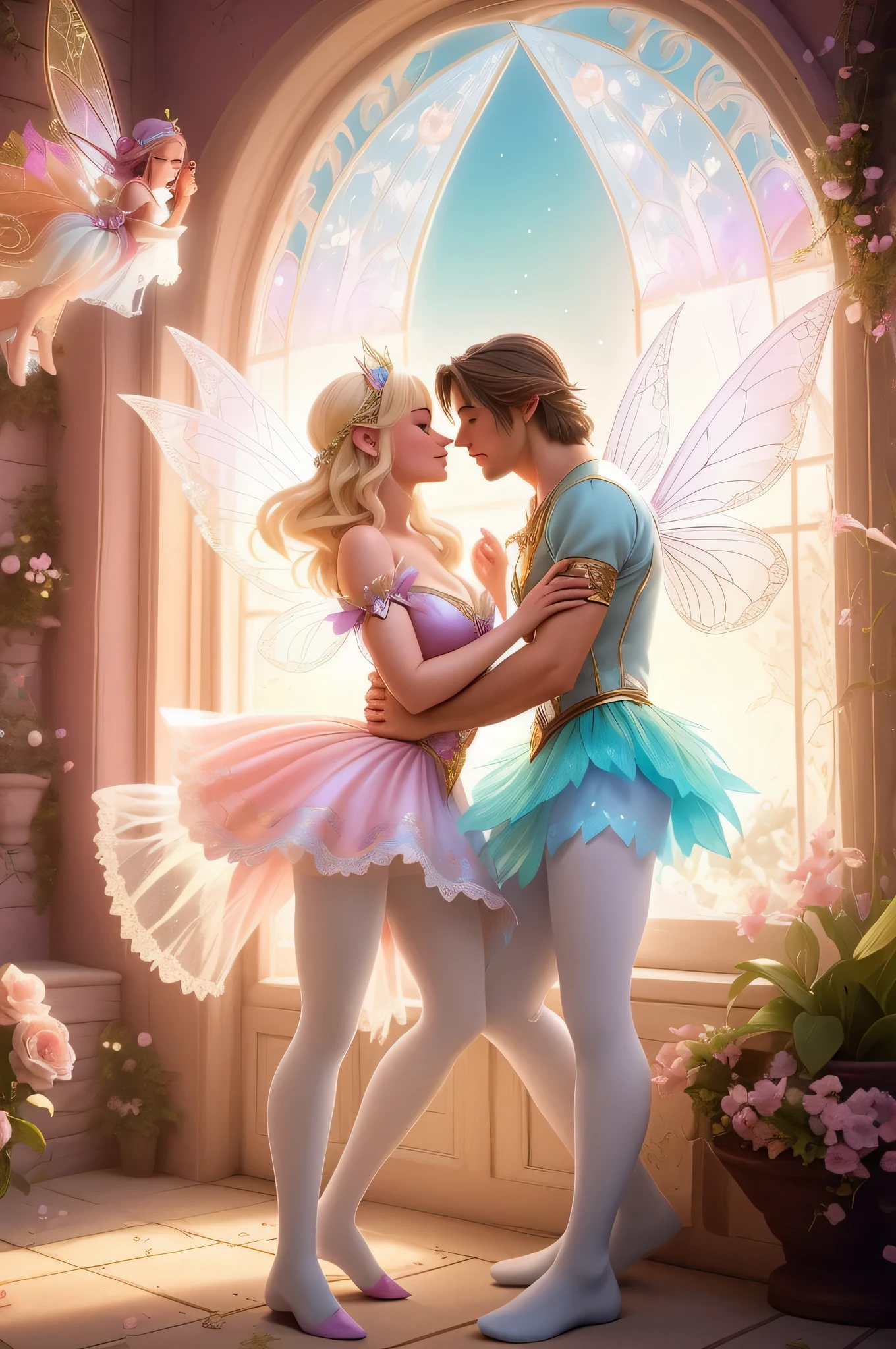 a man and woman dressed in fairy costumes are kissing in front of a window, romance fantasy movie, fantasy fairytale story, beautiful fairies, romantic storybook fantasy, margot robbie as a fairy, fairy aesthetics, fairies, very magical and dreamy, fairy dancing, faeries, beautiful render of a fairytale, fairytale style, fairytale artwork, ethereal fairytale, by Alexander Kucharsky