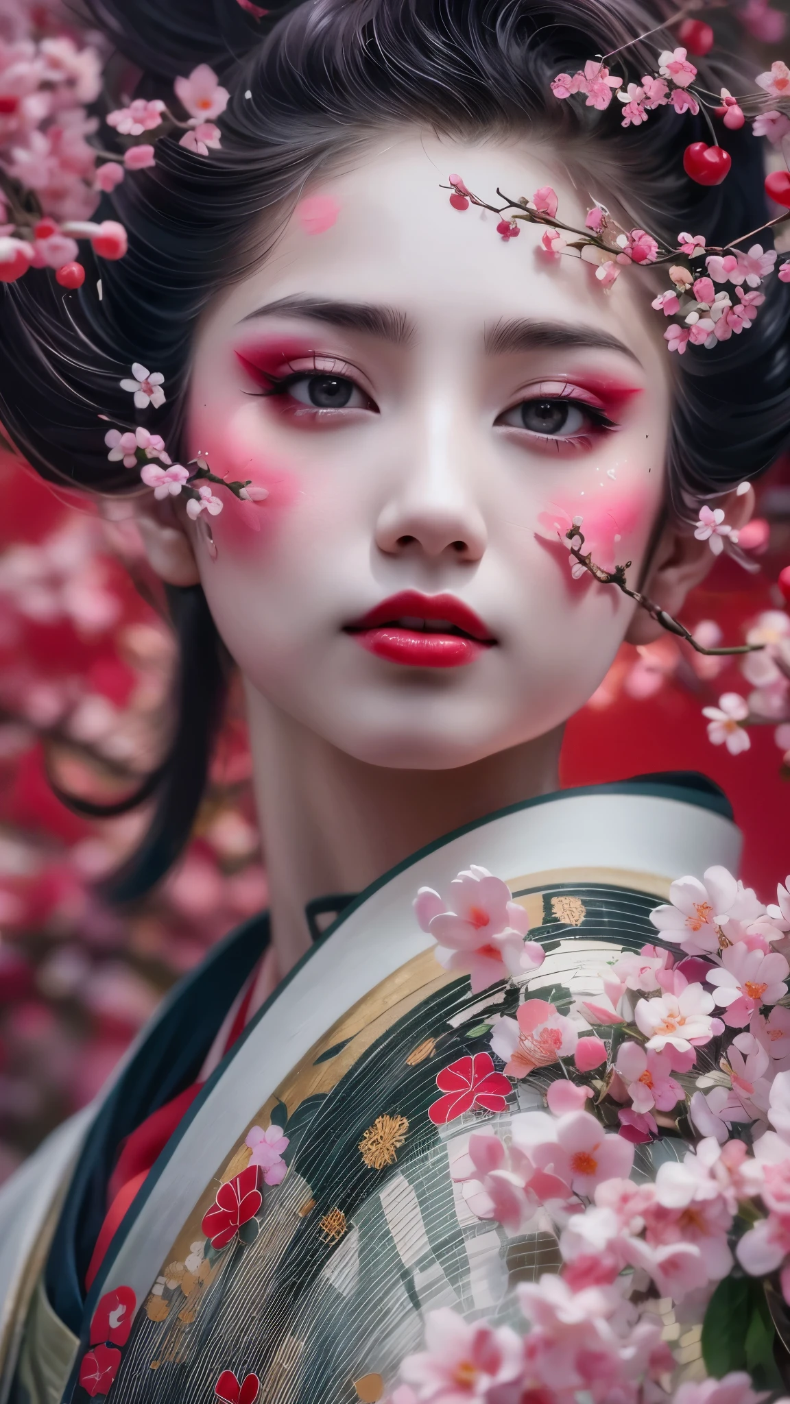 (An ancient geisha girl stood elegantly under cherry blossoms, looking back and smiling: 1.37), many red cherry blossom petals fell one after another, (all over her body),
The white foundation on the girl's face has no highlights or shadow decorations. The whole white foundation make-up covers the face and neck. Red lip makeup is a small mouth area smaller than normal lips. The thick and thin eyeliner pen can highlight the contour of the eyes, strengthen the eyes, and make the pupils look dark and deep. A straight eyebrow is both eye-catching and not stiff, making the entire face cleaner. Typical Japanese geisha makeup, wearing a gorgeous kimono embroidered with black and gold cherry blossoms, this is a long sleeved kimono, wearing Japanese clogs, background: deep streets and alleys under moonlight, white and black, surrealism, realistic depiction of light and shadow, realistic and exaggerated photos, ultra-high quality, super details, movie shots, shallow depth of field,