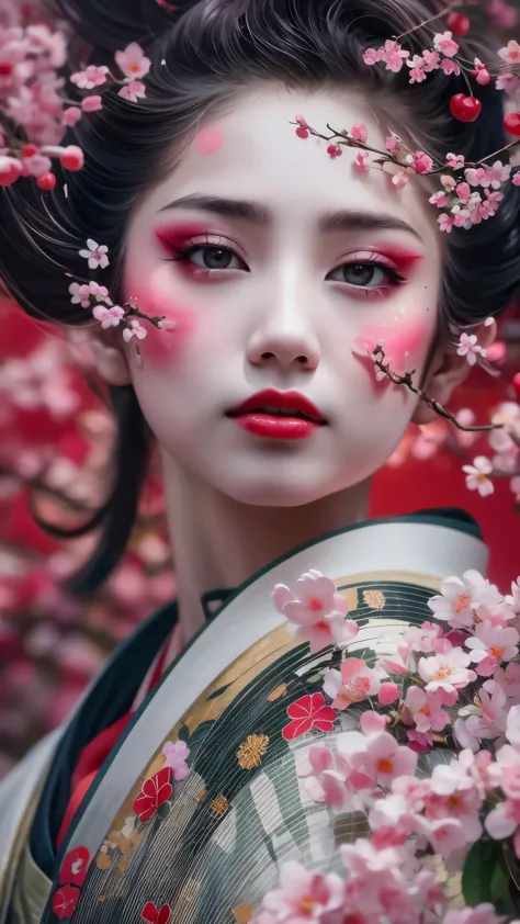 (An ancient geisha girl stood elegantly under cherry blossoms, looking back and smiling: 1.37), many red cherry blossom petals f...