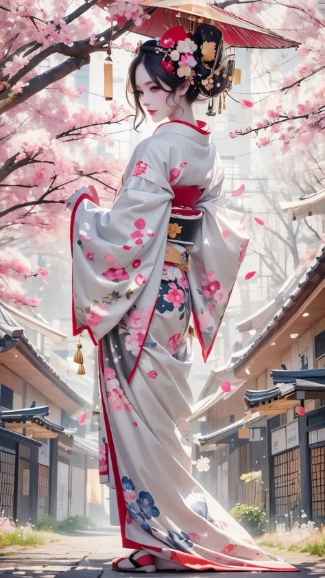 (An ancient geisha girl stood elegantly under cherry blossoms, looking back and smiling: 1.37), many red cherry blossom petals f...