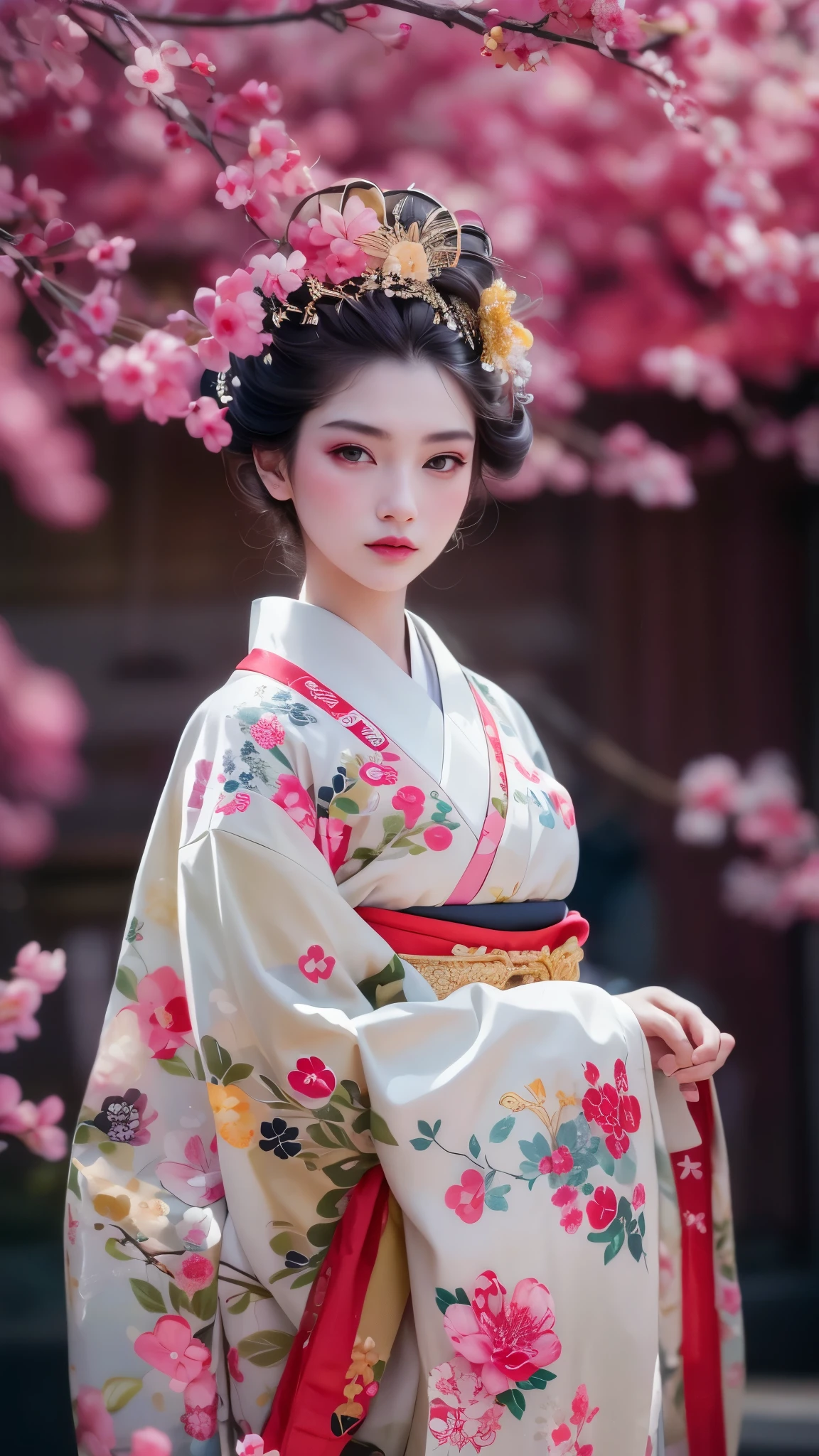 A geisha girl stood elegantly under cherry blossoms, looking back and smiling: 1.37. Many red cherry blossom petals fell one after another, all over her body,
The white foundation on the girl's face has no highlights or shadow decorations. The whole white foundation make-up covers the face and neck. Red lip makeup is a small mouth area smaller than normal lips. The thick and thin eyeliner pen can highlight the contour of the eyes, strengthen the eyes, and make the pupils look dark and deep. A straight eyebrow is both eye-catching and not stiff, making the entire face cleaner. Typical Japanese geisha makeup, wearing a gorgeous kimono embroidered with black and gold cherry blossoms, this is a long sleeved kimono, wearing Japanese clogs, background: deep streets and alleys under moonlight, white and black, surrealism, realistic depiction of light and shadow, realistic and exaggerated photos, ultra-high quality, super details, movie shots, shallow depth of field,