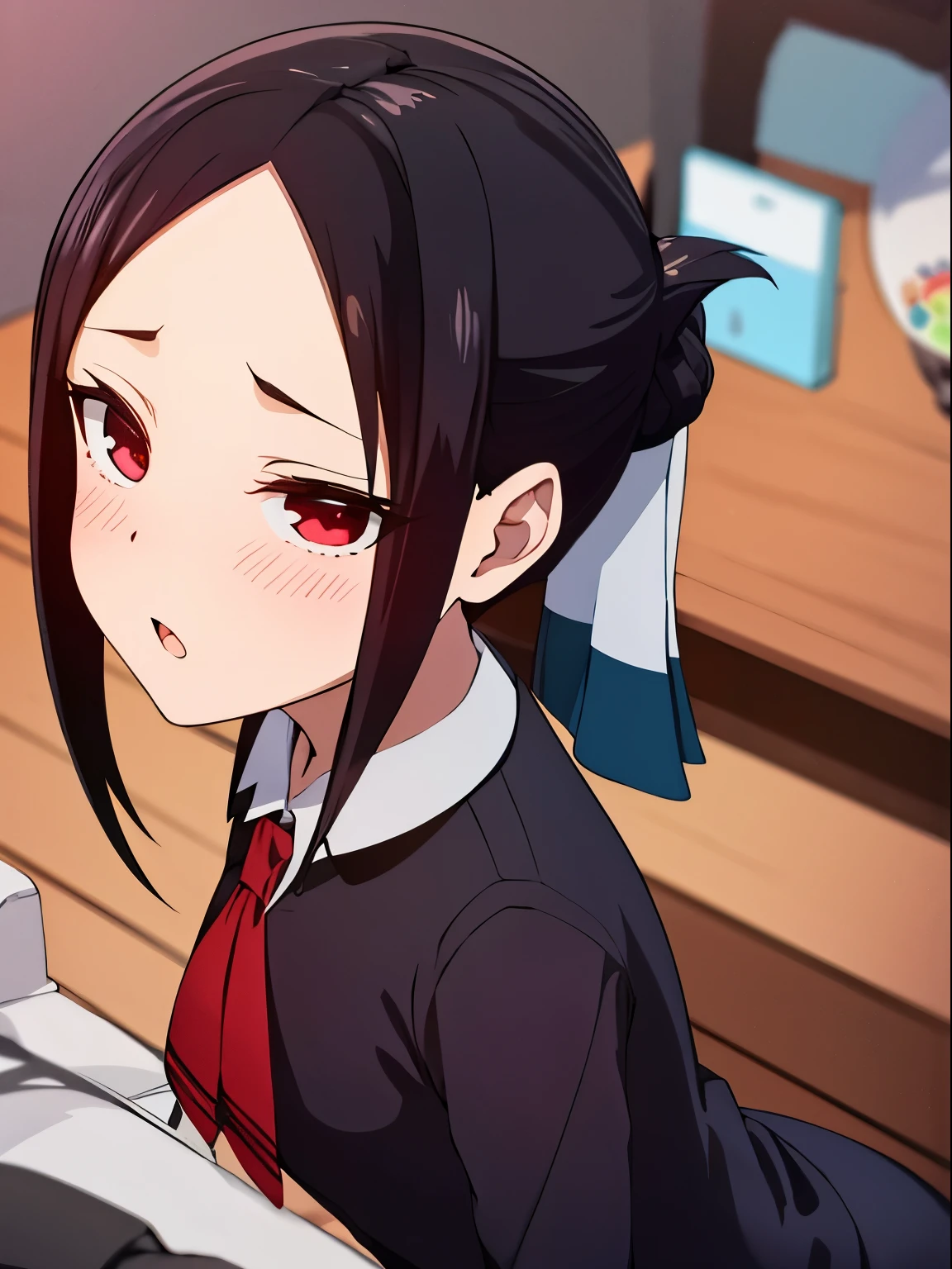 Anime girl with black hair and red eyes sitting at a table - SeaArt AI