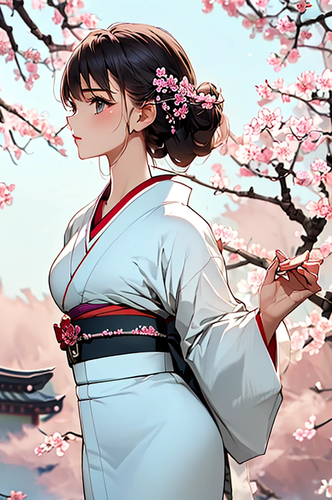 Genere una encantadora ilustración que capture la esencia de la primavera mientras una joven se pone un kimono tradicional durante la temporada de floración de los cerezos.. Imagina la escena con la niña parada bajo un dosel de árboles de sakura en flor., cada delicado pétalo cae suavemente en cascada alrededor de ella. Elige un suave, paleta de colores pastel para evocar los tiernos tonos de las flores de cerezo y la elegancia de su kimono. Centrarse en los detalles del atuendo tradicional., destacando los patrones intrincados y los colores vibrantes. Utilice la luz del sol moteada que se filtra a través de las flores para crear una atmósfera serena., imbuyendo la ilustración con la belleza y tranquilidad de este preciado momento estacional. Este mensaje invita al artista a combinar la riqueza cultural con la delicada belleza de la naturaleza., dando como resultado una representación visualmente cautivadora de la primavera en Japón., BREAK, 1 chica, solo, somos sakura, Usando un kimono, traje japonés, alta resolución, enfoque nítido, 8k ultra detallado,