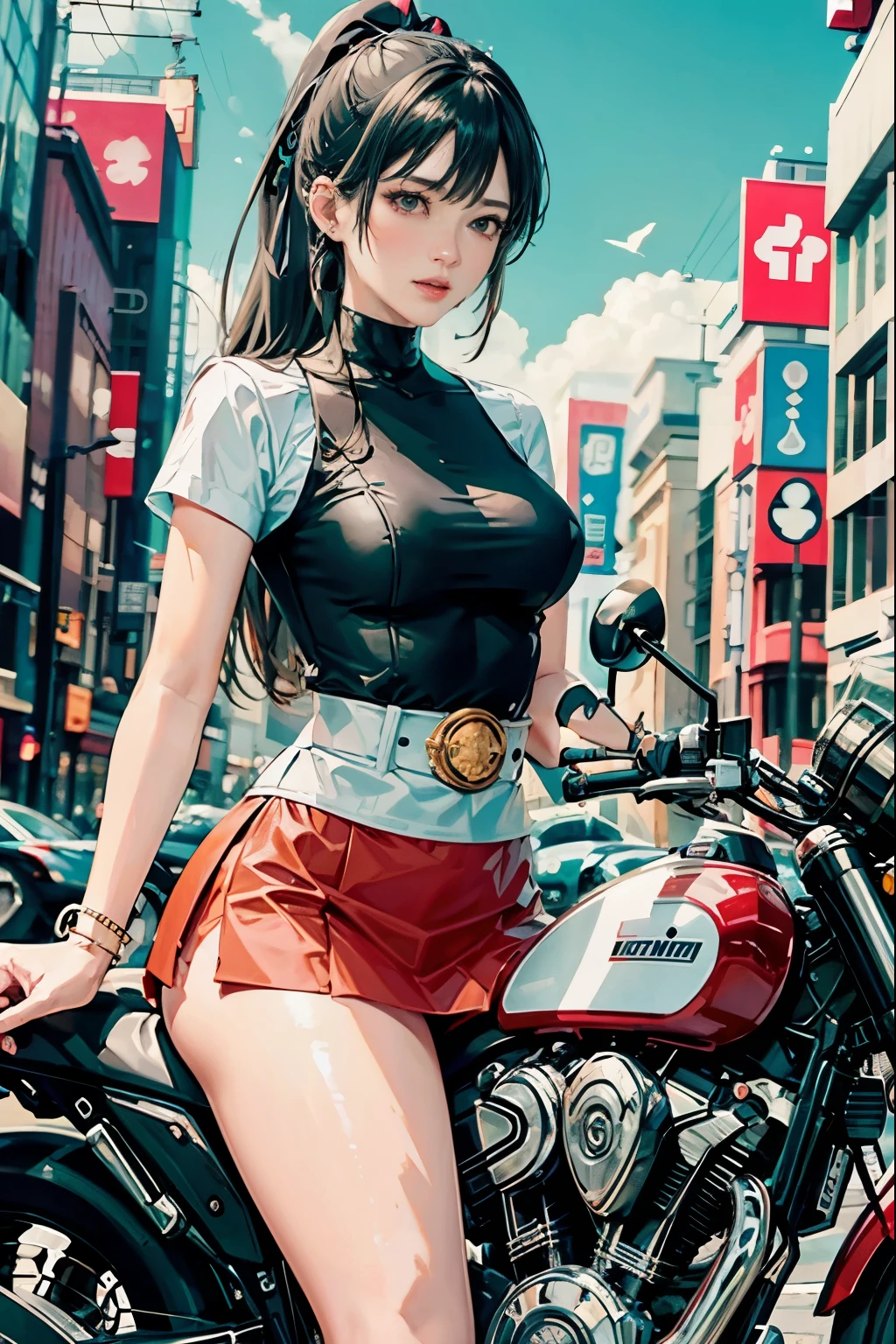 Japan riding a bike,The miniskirt is turning up、white panties、ponytail、beautiful thighs、her knees are up、I can see white pants.、Beautiful panties、beautiful girl、beautiful woman、beautiful woman、lolicon hentai、Beautiful panties、beautiful thighs、beautiful girl、beautiful woman、Happy!!!, , motorcycle,[ realistic pictures ]!!, High resolution,