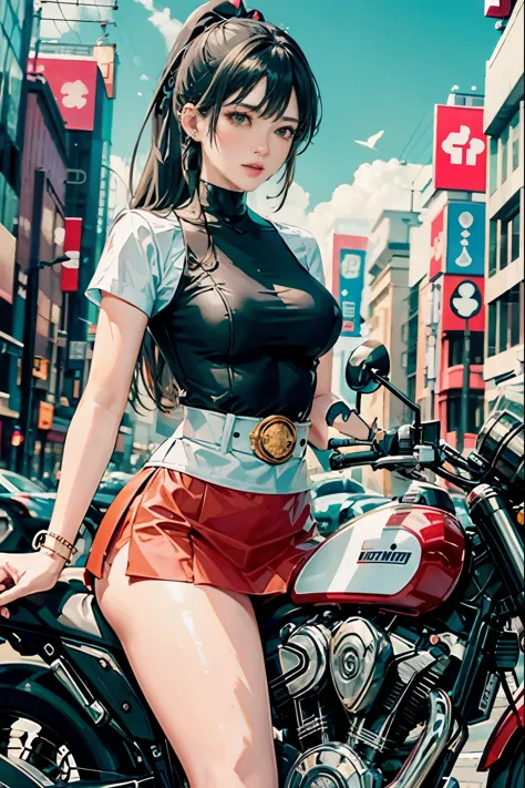 Japan riding a bike,The miniskirt is turning up、white panties、ponytail、beautiful thighs、her knees are up、I can see white pants.、...