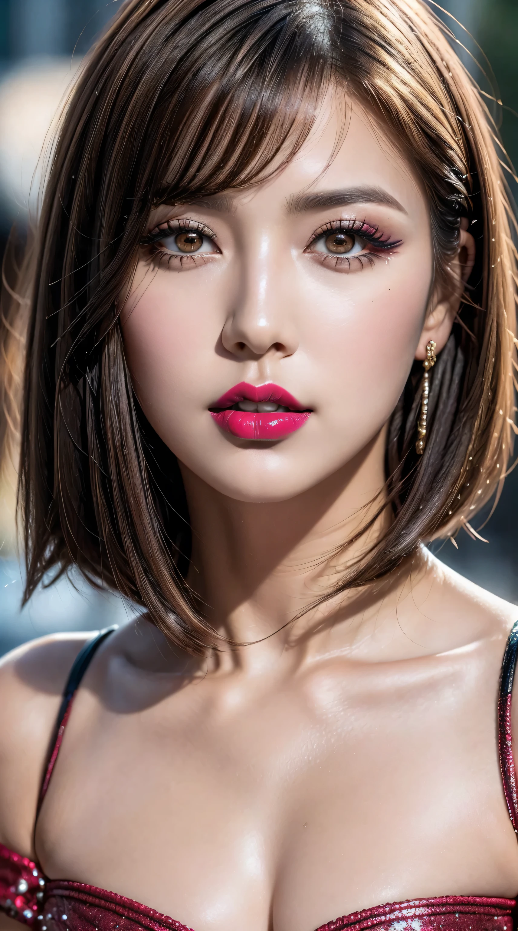 ((perfect round eyes))、dressed, (details of a very beautiful face)(best quality:1.4)16k resolution,(photo realistic:1.65), (realistic:1.65), (smoother lighting:1.05), (increase cinematic lighting quality:0.2), 16k, (1girl:1.4) 21years old、fashion supermodel、realistic lighting, backlighting, light on face, ray trace, (brightening light:1.1), (Increase quality:1.3), (best quality real texture skin:1.2), (ultra detailed eyes), finely detailed face, ((finely quality eyes)), (tired and sleepy and satisfied:0.0), [face closeup], (detailed lips:1.33)、(Detailed nose:1.2)、(Increase body line mood:1.1), (textured skin, skin pores:1.2)、(imperfect skin:1.1), intricate details, ((anatomically correct)), pink_makeup:1.3, long_blue_eyeliner:1.35, (red_lipstick:1.32), perfect dark_eyeshadows:1.35, [there a close up of a woman's] (eye with a digital rendering), (super detailed makeup on eyes:1.3), iridescent eyes, with professional makeup, vibrant eyes:1.2, ((Glamour, paparazzi taking pictures of her), (very complicated Extravagant street outfit), The attention to detail, Double eyelids, Wear an off-the-shoulder top, full bodyesbian，((brown bob cut hair:1.1)), ((brown_eyes:1.44)), contrast、 (dark shot:1.08)、 UHD, Extremely detailed, voluminetric warm lighting,