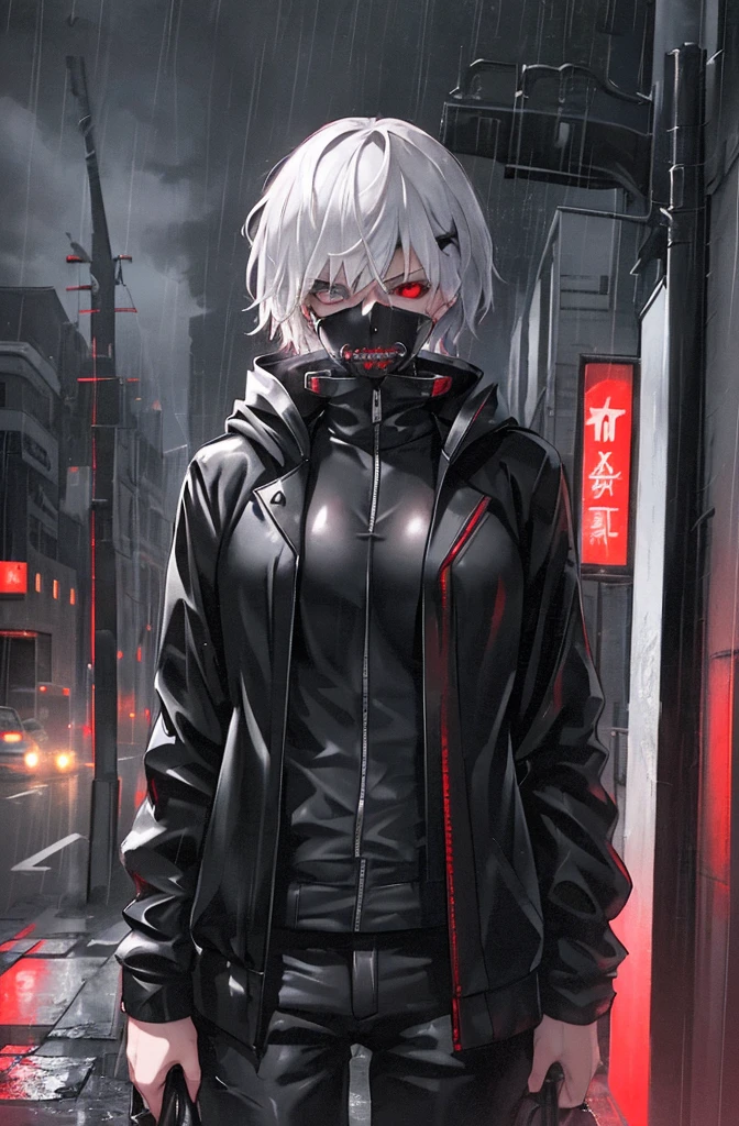 1 sexy female character, Kaneki Fem, unbuttoned hoodie, dripping rain, Red and black color palette, detailed eyes and face, One, heterochromia, Black background, bang, red eyes black sclera, blue eyes normal sclera, black long ash hair, Menacing aura, dark atmosphere, mysterious atmosphere, Intense expression, urban setting, Smoke and shadows, haunting presence, stylish and edgy, ray tracing, perfect combination of light and dark, gaze, Captivating presence, smooth and sharp, Contrast of red and black, supernatural abilities suggested, Rain-drenched streets, atmosphere of danger, Mysterious personality, urban gothic aesthetic, Stormy weather, exciting and alluring, shade of blood red, smoky streets, thoughtful protagonist, stormy skies,(unbutton your pants),(Open the bottom zipper), (Best quality, 8K, A high resolution)