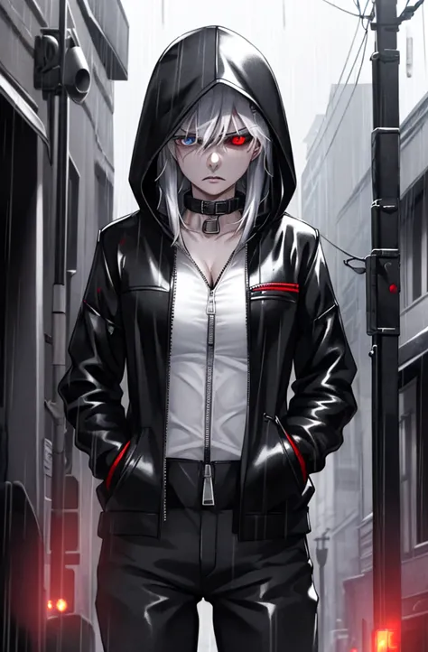 1 sexy female character, kaneki fem, unbuttoned hoodie, dripping rain, red and black and white color palette, detailed eyes and ...