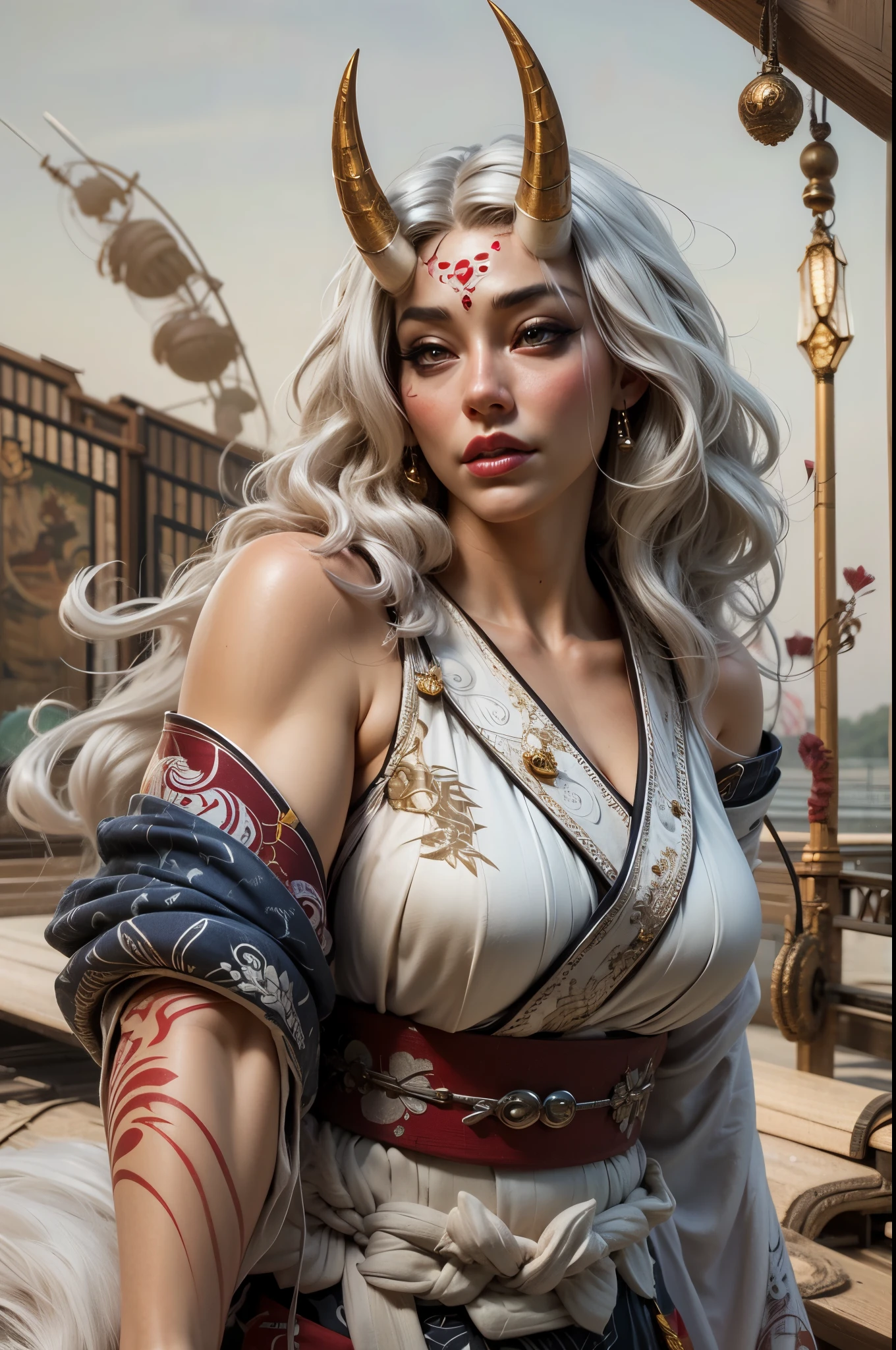 美麗的亞洲鬼女戰士, 穿著短髮落肩和服 , 擁有厚實的曲線成熟的身體但肌肉發達, 又長又密的白髮被風吹起, 2個長鬼角, 皮膚白皙泛紅 , 完美的臉型、富有表情的眼睛 , 厚嘴唇,