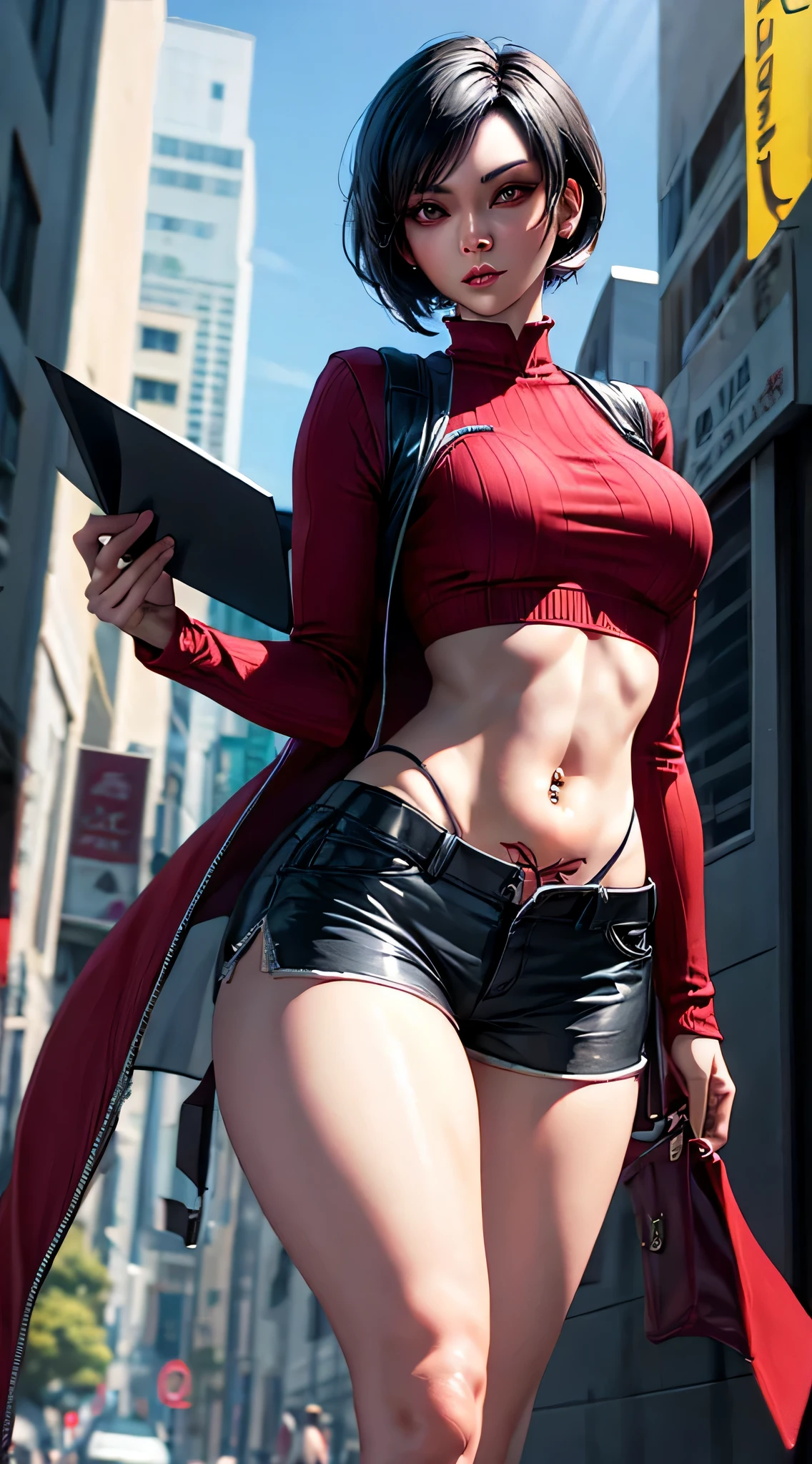 Ada Wong vestindo um terno sexy com a barriga de fora, Ultrashorts, piercing detalhado no umbigo, tatuagem no útero, alta resolução, ultra HD, preto, Rosto Perfeito, olhos detalhados, lábios macios, fundo do cartaz