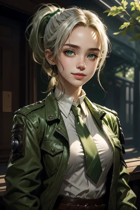 a , brown ponytail, white skin, short girl,detailed face,detailed eyes, green eyes, masterpiece, punk jacket, white shirt, green...