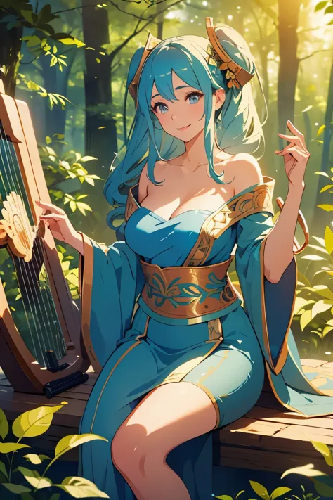 sona, sexy, in game, in a forest, looking to master, smiling, playing a great horizontal harp