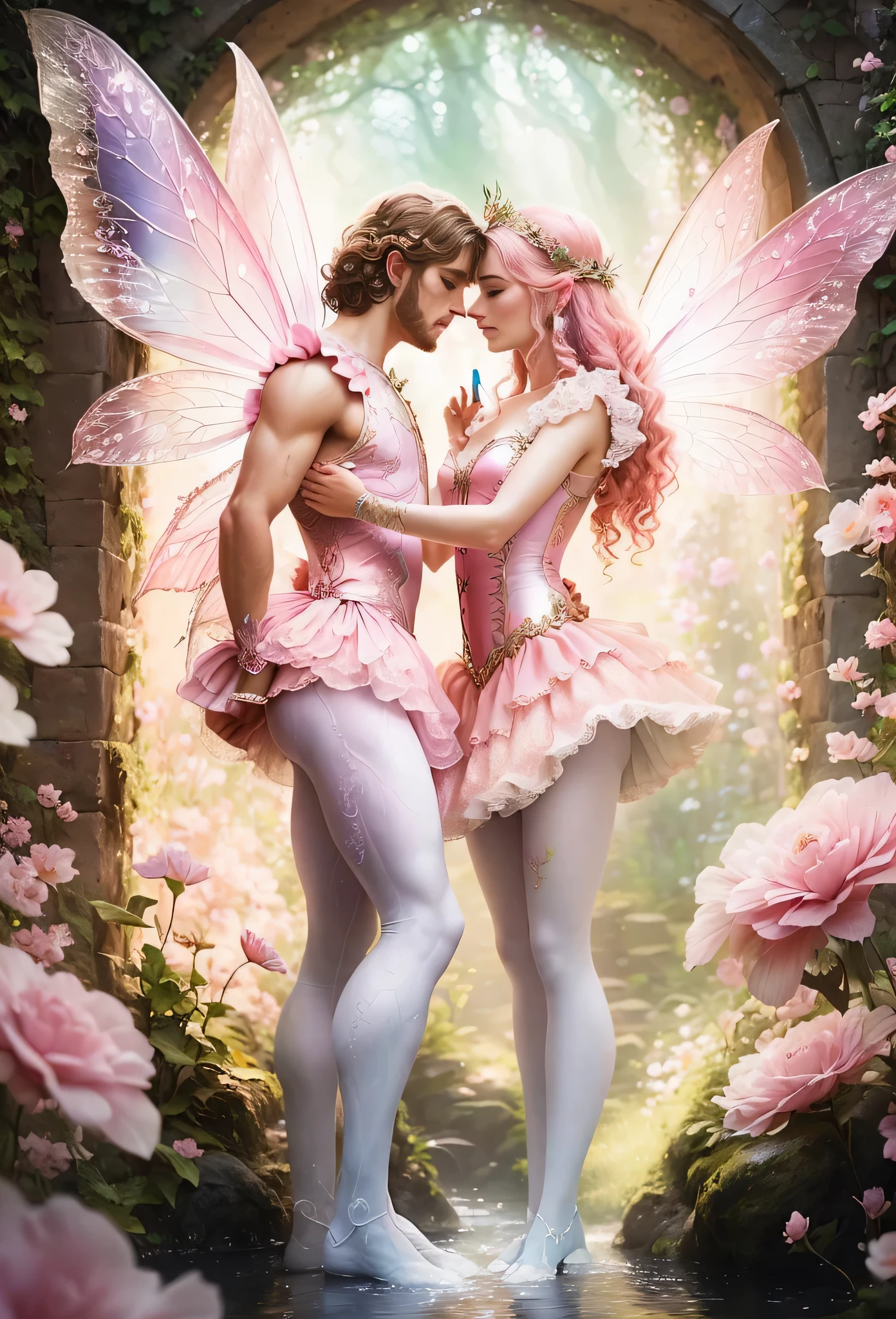 a man and woman in pink fairy costumes and tights standing in a garden, beautiful fairies, faeries, fairies, romance fantasy movie, fantasy fairytale story, fairy aesthetics, romance novel cover, re-raphaelite fairies, fairycore, magical fairy background, very magical and dreamy, beautiful fantasy art, beautiful fairie, ethereal fantasy, fairy dancing, very beautiful fantasy art, beautiful fantasy