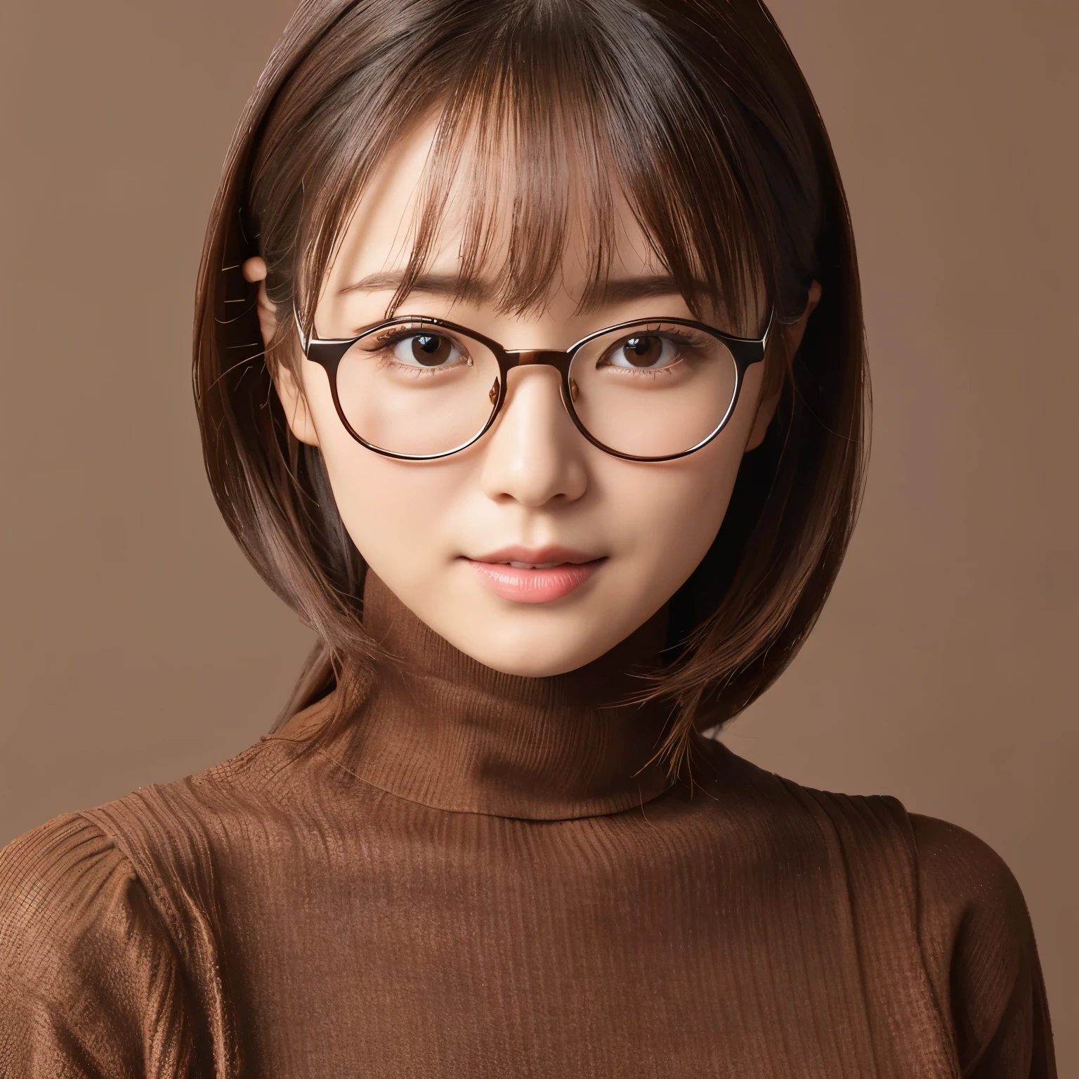 (highest quality、table top、8k、best image quality、ultra high resolution、Award-winning work)、one beautiful woman、alone、(Classy glasses:1.1)、accurate anatomy、(close up of face:1.2)、(Perfect brown turtleneck long knit sweater:1.2)、smooth long knit sweater、ultra high resolutionの艶と潤いのある美肌、ultra high resolutionの美しい顔、ultra high resolutionの煌めく瞳、ultra high resolutionの完璧な歯、ultra high resolutionの髪の毛、look at me and smile、perfect makeup、that&#39;s right、Precise and perfect brown knit、(simple background:1.3)