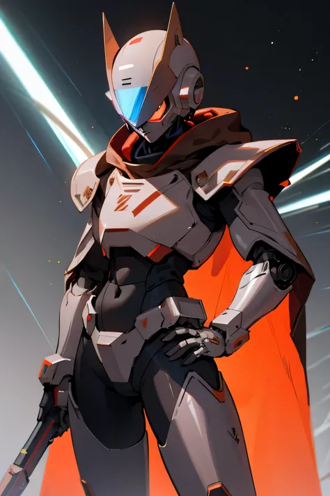 Male, Robot, Laser Sword, space background, space gun on hip, brown cloak, robot Helmet, E sign, Black colored armor.