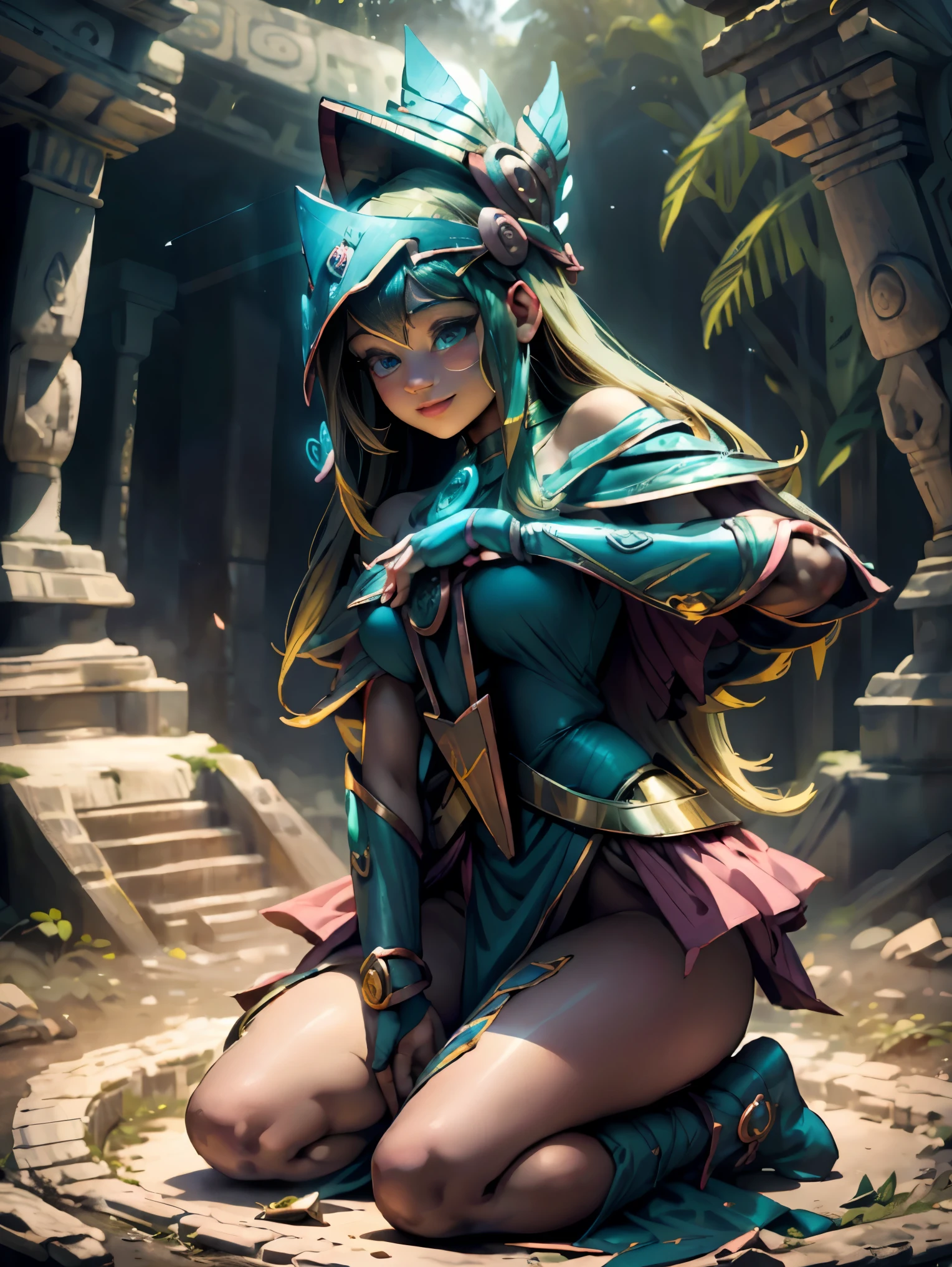 Dark magician gils dressed in mayan costume, SHE IS STOP, Magic hearts background. smile on his lips. blue eyes. blond hair. pose sensual. Levitating on one foot. Background of Mayan ruins and a magical stone portal  