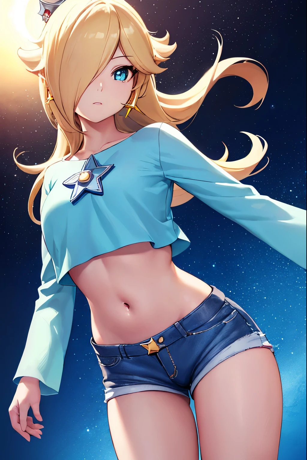 Rosalina, Rosalina, Blonde hair, blue eyes, hair over one eye, long hair, micro shorts, tiny shorts, panty shorts, micro shorts, blouse with star design, belly showing, crown, earrings, jewelry, princess, earrings star, BREAK night, night sky, sky, star\ (sky\), star \(symbol\), space, sun, BREAK looking at the viewer, (cowboy photo: 1.5), BREAK (art: 1.2), best quality, high resolution, 8k unity wallpaper, (artwork: 0.8), (beautiful detailed eyes: 1.6), extremely detailed face, perfect lighting, extremely detailed CG, (perfect hands, perfect anatomy),