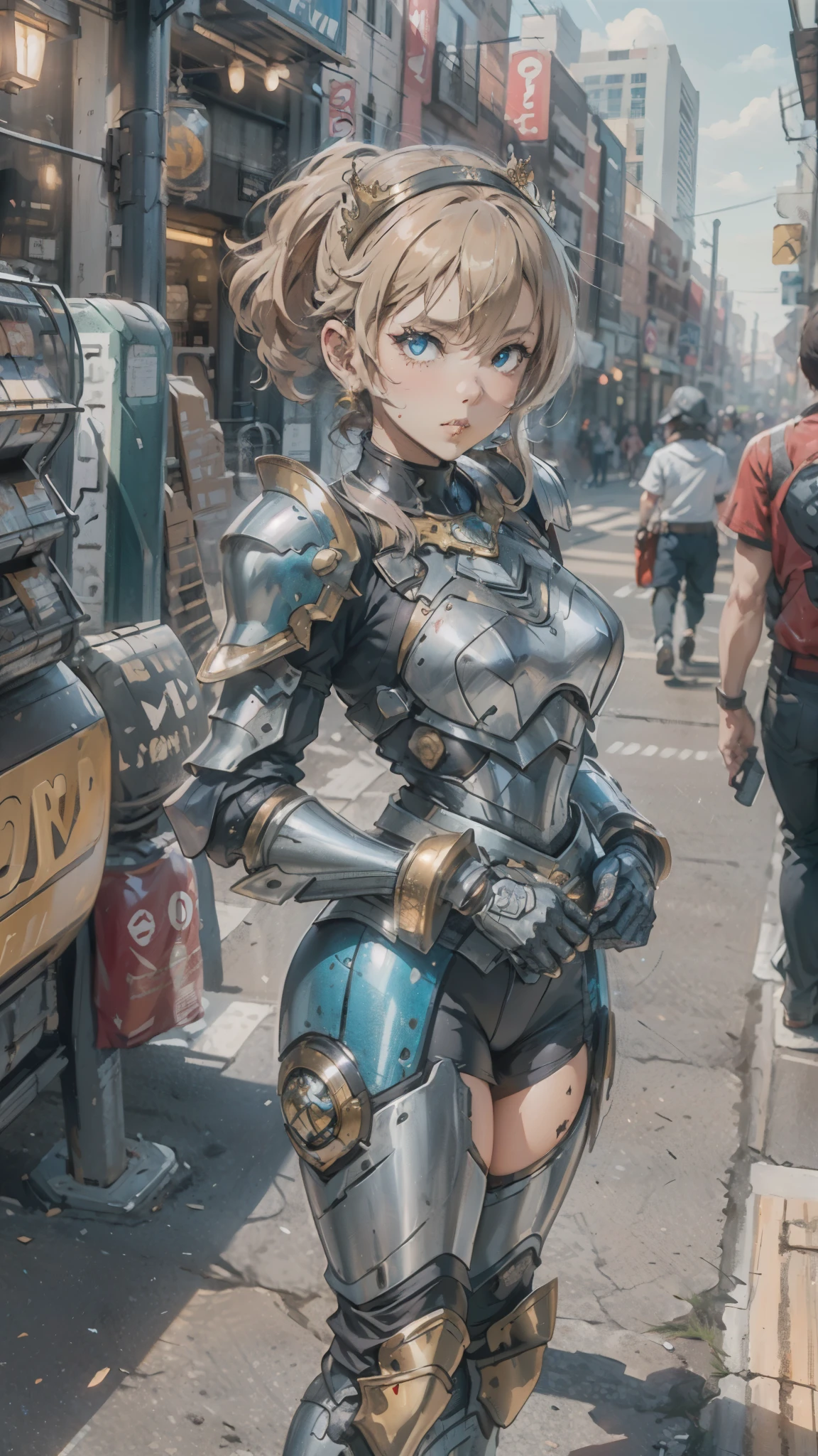 A woman adorned in fantasy-style full-body armor, a crown-concept fully enclosed helmet that unveils only her eyes, a composite layered chest plate, fully encompassing shoulder and hand guards, a lightweight waist armor, form-fitting shin guards, the overall design is heavy-duty yet flexible, ((the armor gleams with a golden glow, complemented by red and blue accents)), exhibiting a noble aura, she floats above a fantasy-surreal high-tech city, this character embodies a finely crafted fantasy-surreal style armored hero in anime style, exquisite and mature manga art style, (Queen bee mixed with Spider concept Armor, plasma, blood), ((Element, energy, elegant, goddess, femminine:1.5)), metallic, high definition, best quality, highres, ultra-detailed, ultra-fine painting, extremely delicate, professional, anatomically correct, symmetrical face, extremely detailed eyes and face, high quality eyes, creativity, RAW photo, UHD, 32k, Natural light, cinematic lighting, masterpiece-anatomy-perfect, masterpiece:1.5