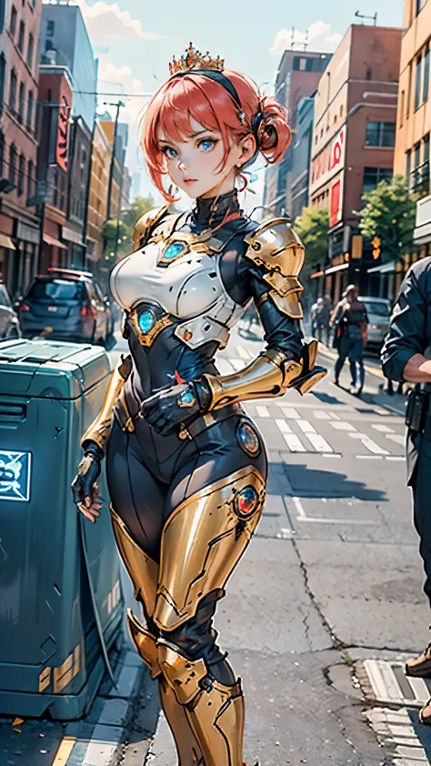 A woman adorned in fantasy-style full-body armor, a crown-concept fully enclosed helmet that unveils only her eyes, a composite ...