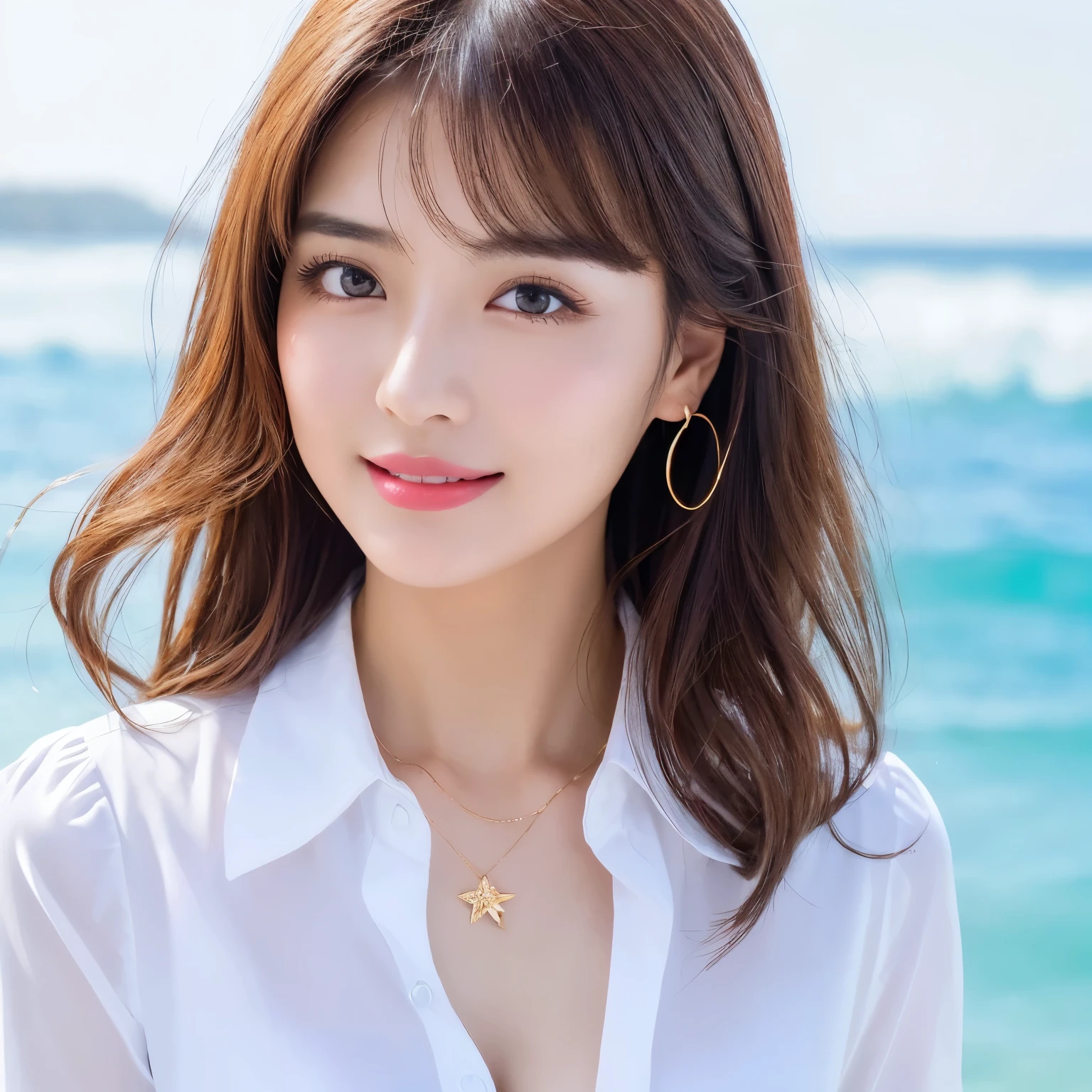 ((highest quality、table top、8k、best image quality、extremely complex and detailed depiction))、(1 person photo:1.1)、The best smile staring at the camera、(beautiful beach:1.05)、(fully expose the chest:1.1)、(There is only one red hibiscus hair ornament on the head.:1.15)、(White polyester shirt worn unbuttoned:1.2)、high school uniform、(Huge breasts that are about to burst:1.1)、(emphasize body line:1.1)、cleavage、(close up of face:1.4)、glamorous body、hair swaying in the wind、sandy beach、beautiful sea、Recreate the perfect details of a deserted island、(clear, Sparkling, live bee:1.1)、Complex sea glow、The details of the beautiful sea are depicted.、Brightly lit face、Ultra high definition beauty face、ultra high definition hair、Super high-definition Sparkling eyes、(Pure white skin shining in ultra-high resolution:1.1)、Super high resolution glossy lips、sculpture pose、(very bright and vivid:1.2)