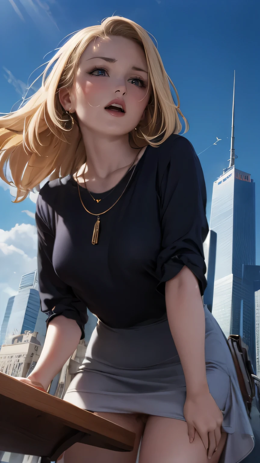 high-definition images, atmospheric perspective, 8k, super detail, accurate, best quality, a westerner woman, ecstasy face, ((drooping eyes, round face, realistic skin)), (blush), (((show off the dark pubic hair))), ((light colored casual dress)), earrings, necklace, thick blond braid hair, ((small park, fountain, skyscrapers, strong sunlight)), (((rubbing pubic against table corner by climbing))), angle from below,