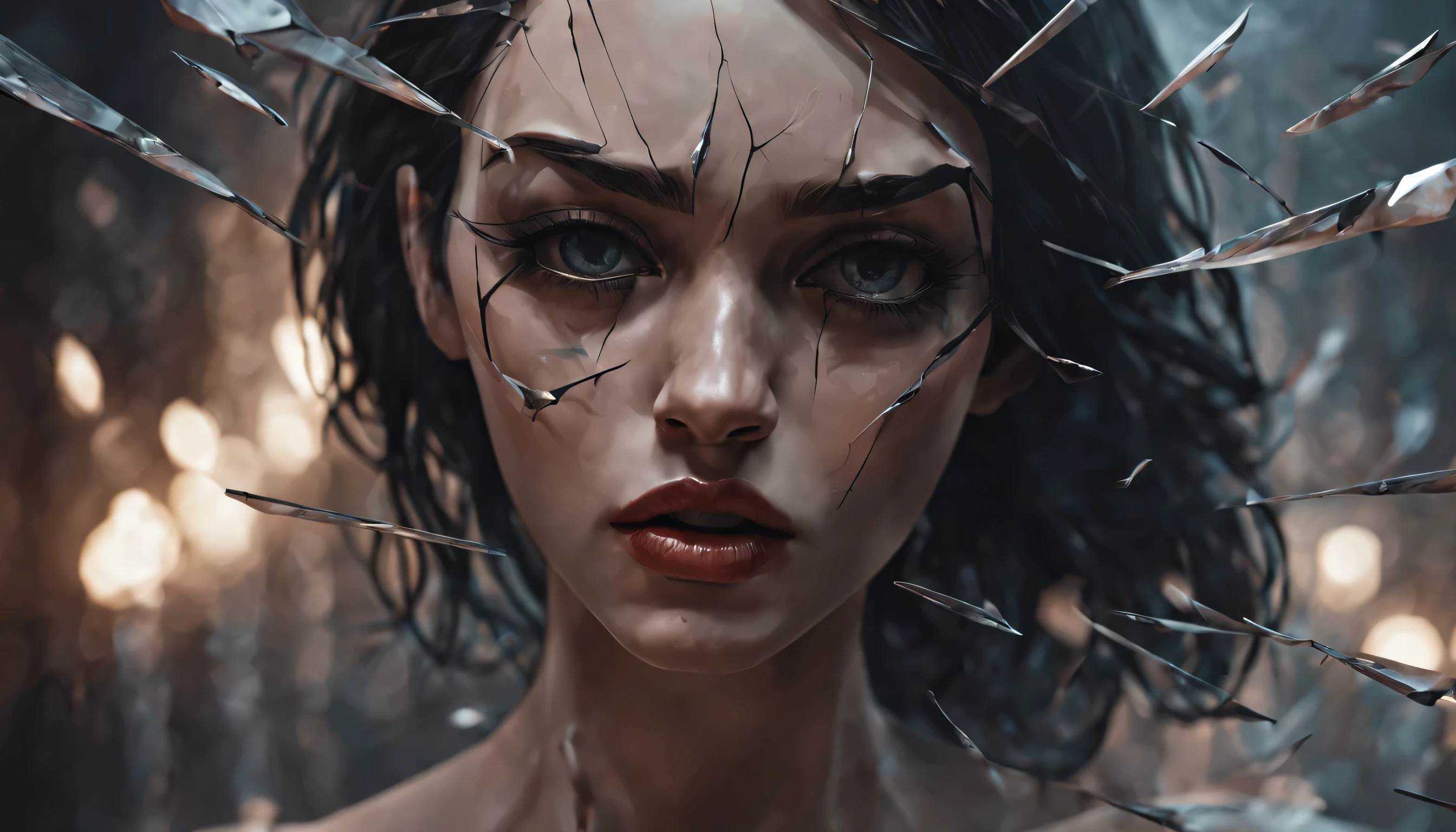 Each blow is a release of pent-up anguish, a cathartic expression of pain and heartache. As the mirror splinters further beneath her assault, her shoulders tremble with the intensity of her emotions, and tears mingle with the shards at her feet.
