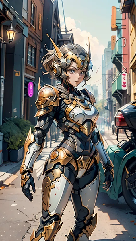 A woman adorned in fantasy-style full-body armor, a crown-concept fully enclosed helmet that unveils only her eyes, a composite ...