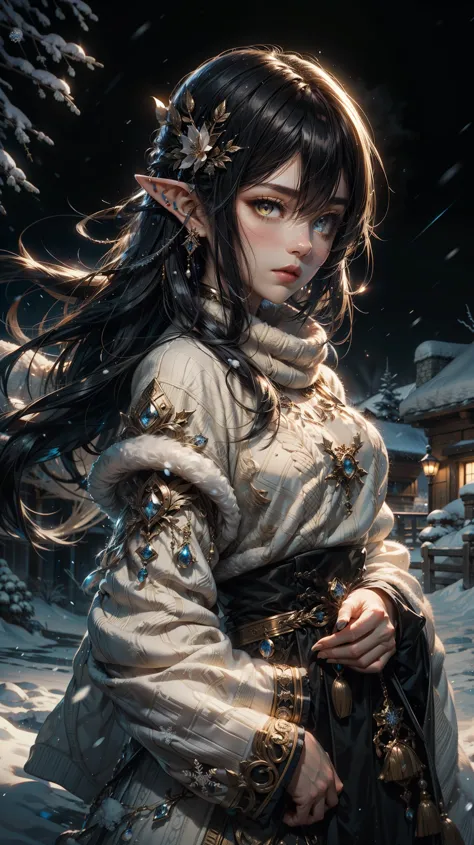 elven girl,pointy ears,detailed eyes, beautiful eyes,girl with black hair, yellow eyes,,outside,landscape, winter , snowflakes scatter, snow scatter, sky, clouds,flowers
