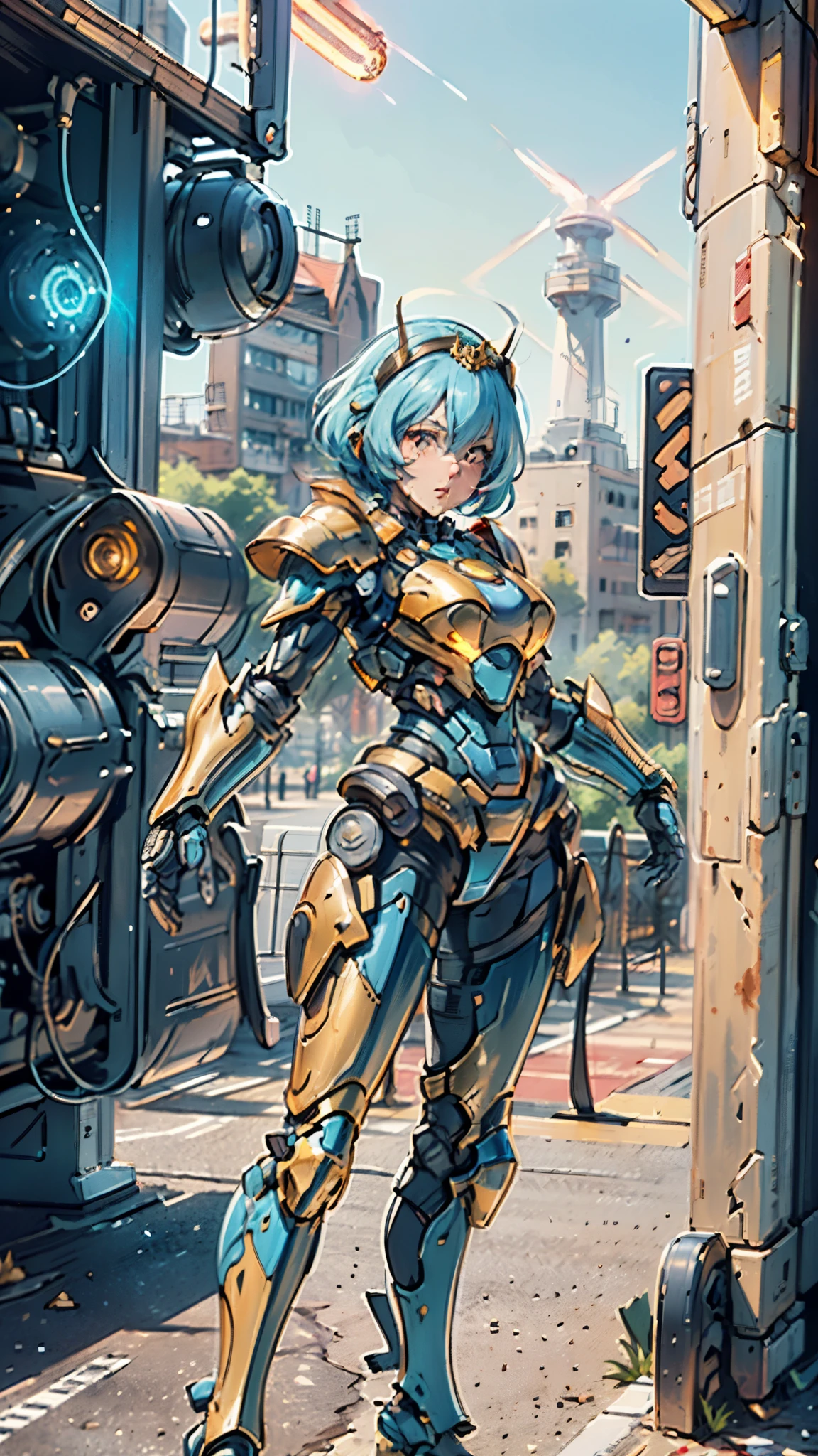 A woman adorned in fantasy-style full-body armor, a crown-concept fully enclosed helmet that unveils only her eyes, a composite layered chest plate, fully encompassing shoulder and hand guards, a lightweight waist armor, form-fitting shin guards, the overall design is heavy-duty yet flexible, ((the armor gleams with a golden glow, complemented by red and blue accents)), exhibiting a noble aura, she floats above a fantasy-surreal high-tech city, this character embodies a finely crafted fantasy-surreal style armored hero in anime style, exquisite and mature manga art style, (Queen bee mixed with Spider concept Armor, plasma, blood), ((Element, energy, elegant, goddess, femminine:1.5)), metallic, high definition, best quality, highres, ultra-detailed, ultra-fine painting, extremely delicate, professional, anatomically correct, symmetrical face, extremely detailed eyes and face, high quality eyes, creativity, RAW photo, UHD, 32k, Natural light, cinematic lighting, masterpiece-anatomy-perfect, masterpiece:1.5