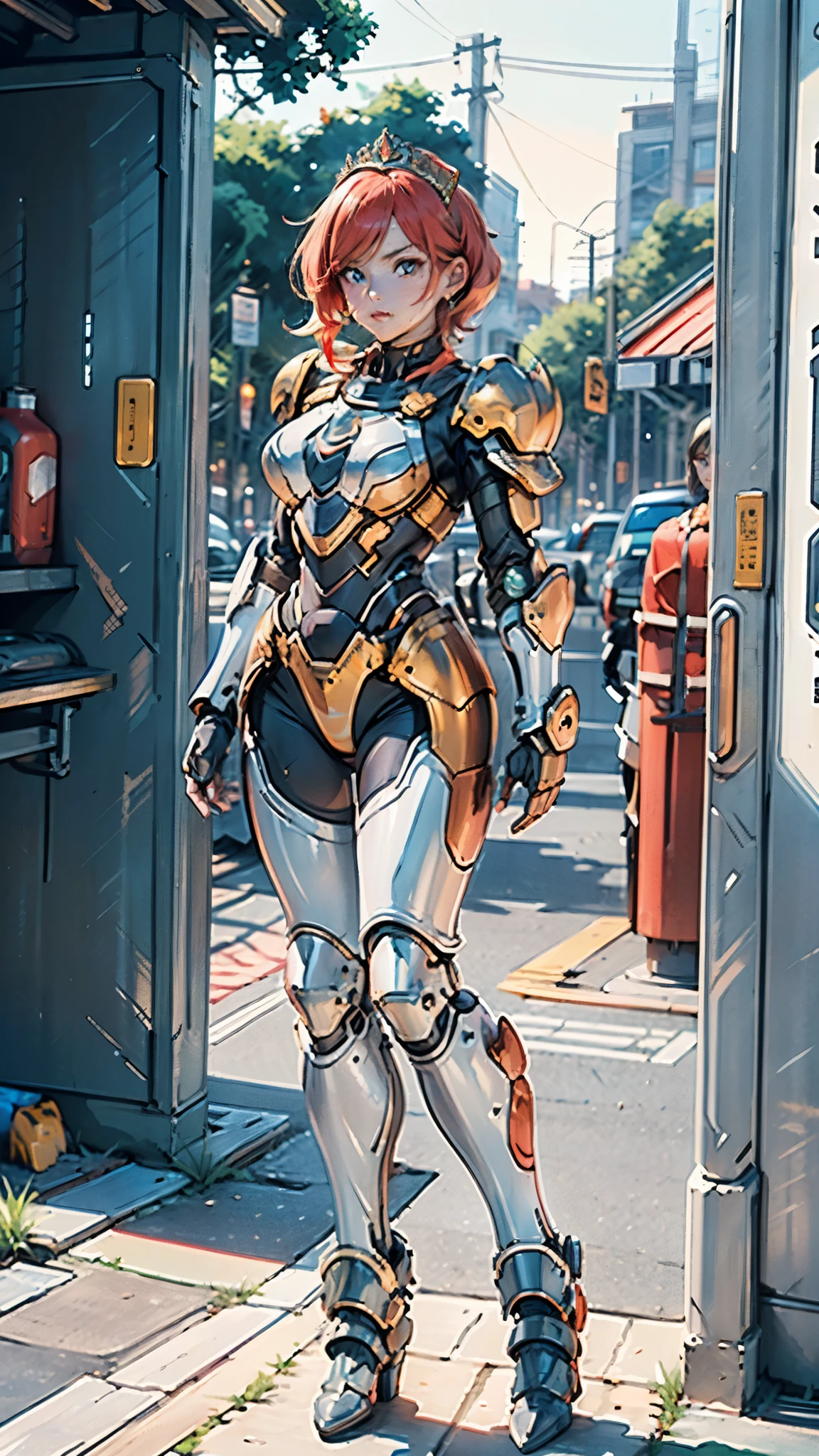A woman adorned in fantasy-style full-body armor, a crown-concept fully enclosed helmet that unveils only her eyes, a composite layered chest plate, fully encompassing shoulder and hand guards, a lightweight waist armor, form-fitting shin guards, the overall design is heavy-duty yet flexible, ((the armor gleams with a golden glow, complemented by red and blue accents)), exhibiting a noble aura, she floats above a fantasy-surreal high-tech city, this character embodies a finely crafted fantasy-surreal style armored hero in anime style, exquisite and mature manga art style, (Queen bee mixed with Spider concept Armor, plasma, blood), ((Element, energy, elegant, goddess, femminine:1.5)), metallic, high definition, best quality, highres, ultra-detailed, ultra-fine painting, extremely delicate, professional, anatomically correct, symmetrical face, extremely detailed eyes and face, high quality eyes, creativity, RAW photo, UHD, 32k, Natural light, cinematic lighting, masterpiece-anatomy-perfect, masterpiece:1.5