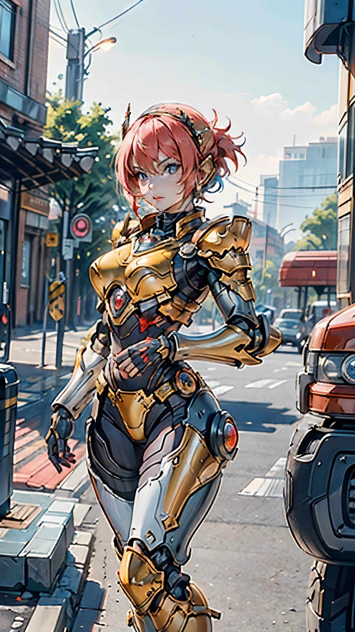 A woman adorned in fantasy-style full-body armor, a crown-concept fully enclosed helmet that unveils only her eyes, a composite layered chest plate, fully encompassing shoulder and hand guards, a lightweight waist armor, form-fitting shin guards, the overall design is heavy-duty yet flexible, ((the armor gleams with a golden glow, complemented by red and blue accents)), exhibiting a noble aura, she floats above a fantasy-surreal high-tech city, this character embodies a finely crafted fantasy-surreal style armored hero in anime style, exquisite and mature manga art style, (Queen bee mixed with Spider concept Armor, plasma, blood), ((Element, energy, elegant, goddess, femminine:1.5)), metallic, high definition, best quality, highres, ultra-detailed, ultra-fine painting, extremely delicate, professional, anatomically correct, symmetrical face, extremely detailed eyes and face, high quality eyes, creativity, RAW photo, UHD, 32k, Natural light, cinematic lighting, masterpiece-anatomy-perfect, masterpiece:1.5