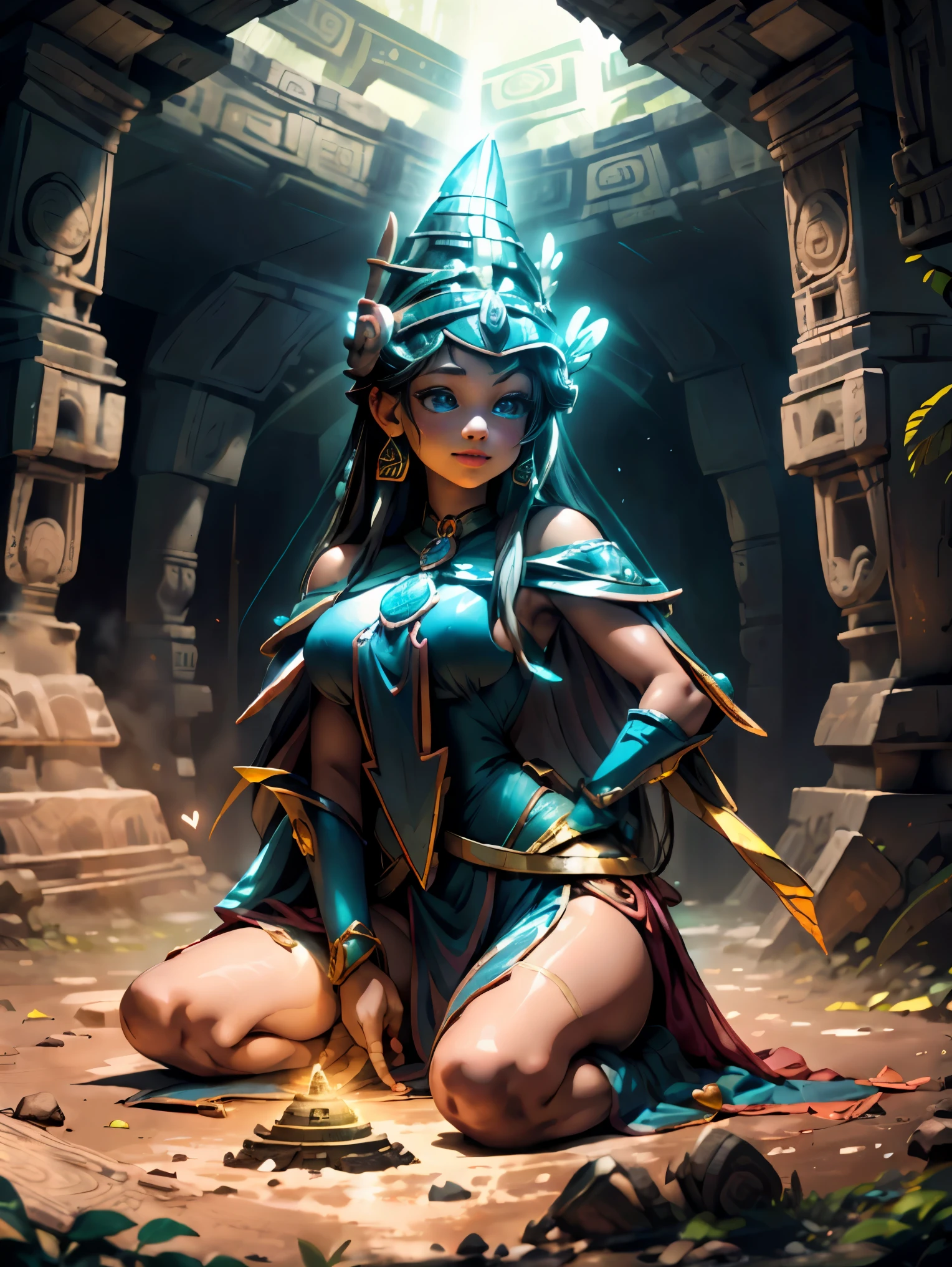 Dark magician gils vestida con traje maya, ella esta parada, Magic hearts background. Sonrisa en sus labios. Ojos celestes. Cabello rubio. Pose sensual. Levitando en una pie. Background of Mayan ruins and a magical stone portal  