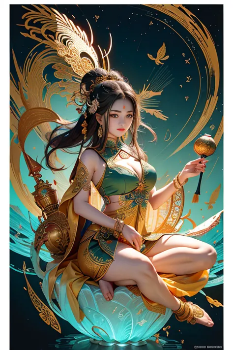 ancient chinese goddess, guanyin of the southern seas, guanyin, inspired by india, avalokiteşvara rides in phoenix，,serene expre...