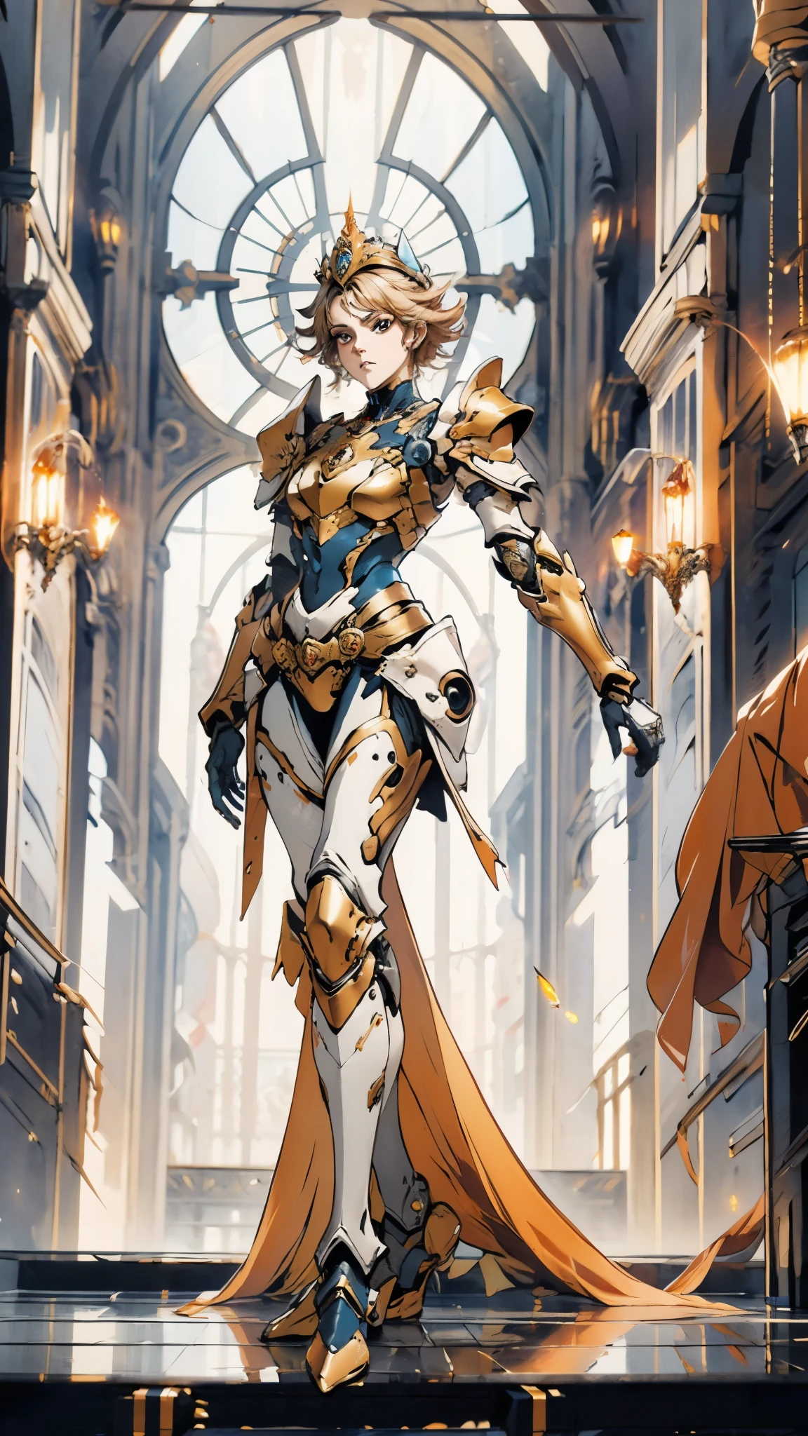 A woman adorned in fantasy-style full-body armor, a crown-concept fully enclosed helmet that unveils only her eyes, a composite layered chest plate, fully encompassing shoulder and hand guards, a lightweight waist armor, form-fitting shin guards, the overall design is heavy-duty yet flexible, ((the armor gleams with a golden glow, complemented by red and blue accents)), exhibiting a noble aura, she floats above a fantasy-surreal high-tech city, this character embodies a finely crafted fantasy-surreal style armored hero in anime style, exquisite and mature manga art style, (Queen bee mixed with Spider concept Armor, plasma, blood), ((Element, energy, elegant, goddess, femminine:1.5)), metallic, high definition, best quality, highres, ultra-detailed, ultra-fine painting, extremely delicate, professional, anatomically correct, symmetrical face, extremely detailed eyes and face, high quality eyes, creativity, RAW photo, UHD, 32k, Natural light, cinematic lighting, masterpiece-anatomy-perfect, masterpiece:1.5