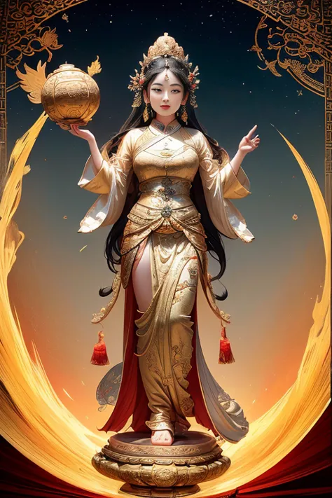 ancient chinese goddess, guanyin of the southern seas, guanyin, inspired by india, avalokiteşvara rides in phoenix，,serene expre...