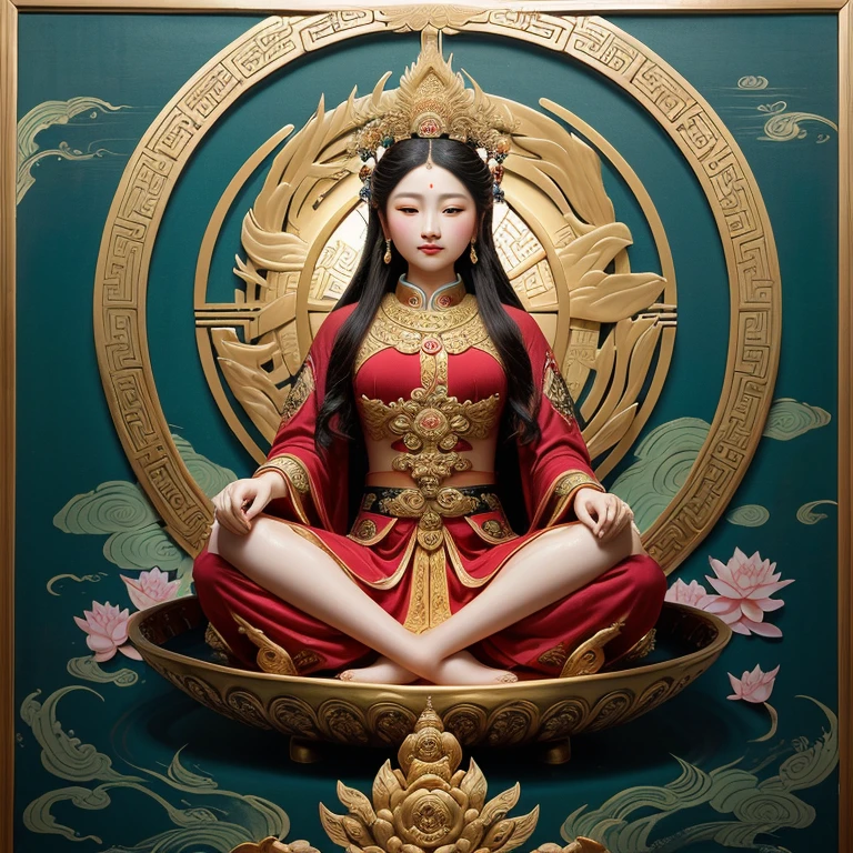 ancient chinese goddess, guanyin of the southern seas, guanyin, Inspired by India, Avalokiteşvara rides in Phoenix，,serene expressions,shui mo hua,Buddha,budista,lotuses,chinese painting style,Thangka style