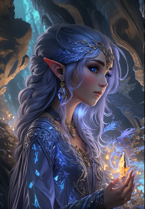 Beautiful, Detailed, Masterpeice, Desktop, 8k, 4k, Caverns, Crystalined, Crystal Elf, Woman, Ocean Eyes, Fantastical, Amazing Qu...