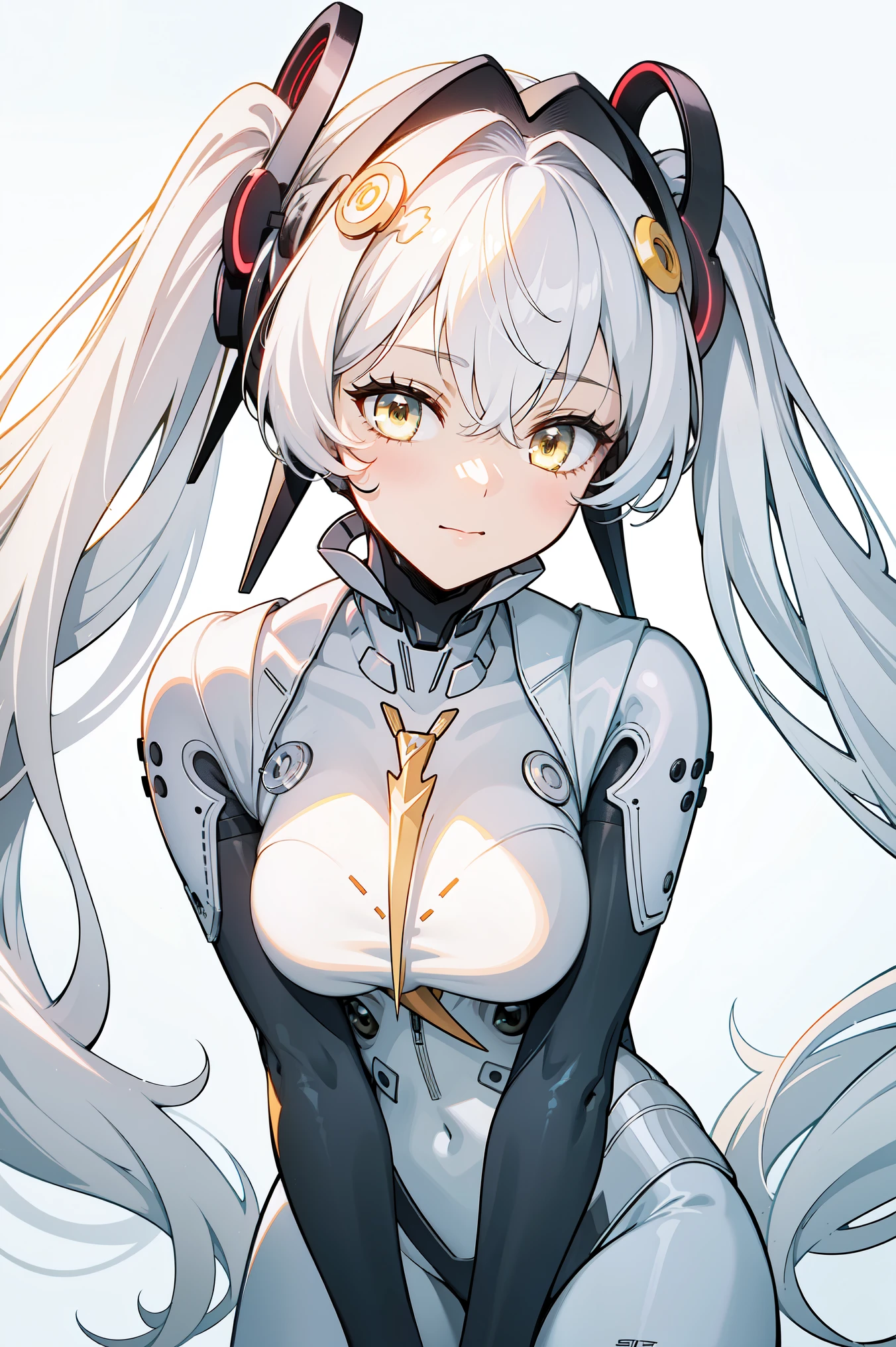 (masterpiece, best quality, ultra high quality:1.1), luna, close-up, 1girl, solo, sci-fi girl, young with long hair, platinum white hair, very long twintails, hair between eyes, yellow eyes, small breasts, , neutral, innexpressive, small smile, white clothes, babydoll, bodysuit, headgear,, leggings, black pantyhose, upper body, leaning forward, hands on knees, (upper body, volumetric lightning), white background, simple background