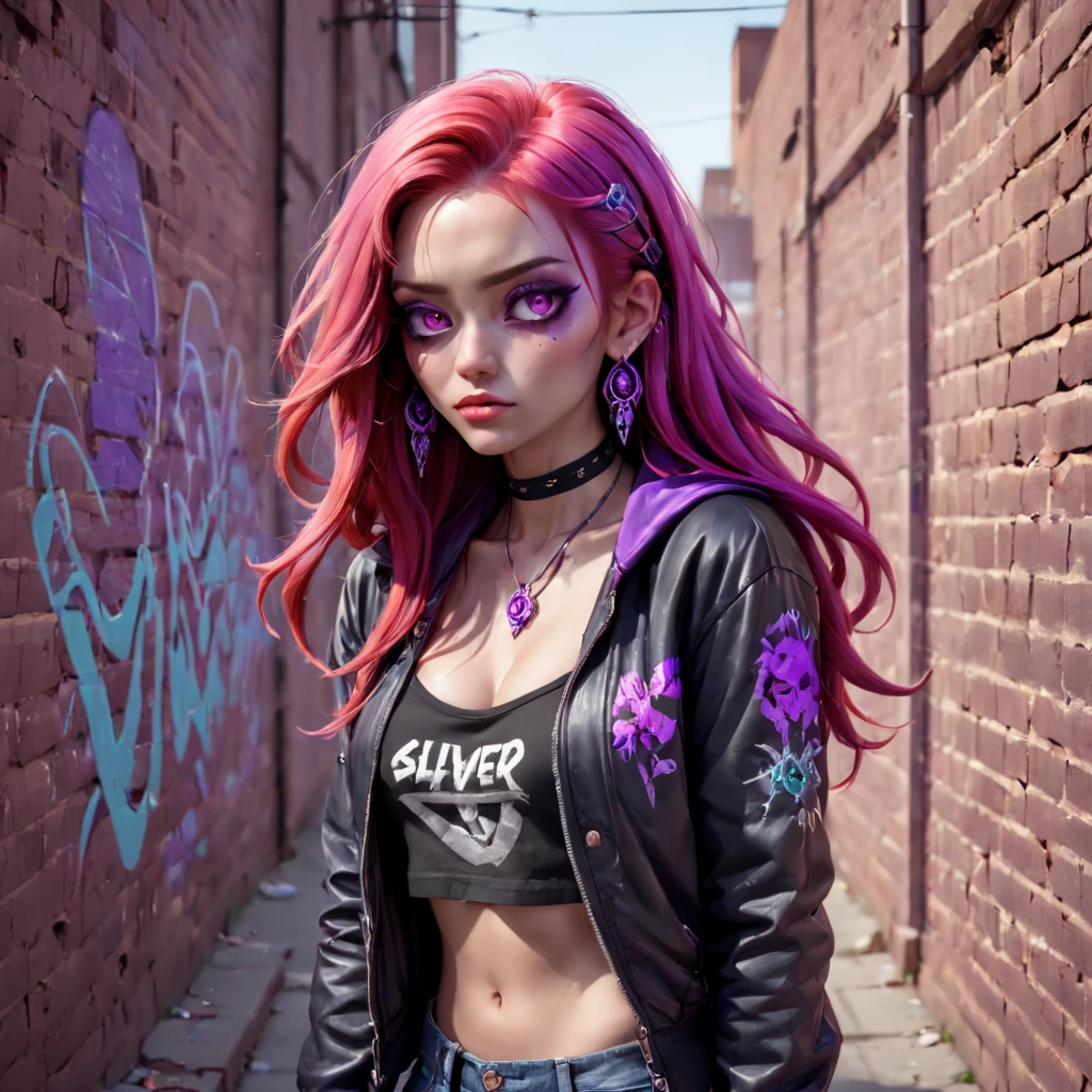 (masterpiece, best quality, 1girl, solo, intricate details, chromatic aberration), realistic,long hair, pink hair, red head ornament, pink highlights, hair over one eye,purple eyes, earrings, sharp eyes, choker, neon shirt, open jacket, crop top, (symmetry eyes),(perfect symmetrical body),against wall, brick wall, graffiti, dim lighting, alley ,look at viewer