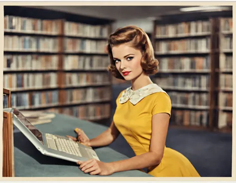 masterpiece,best quality,1girl,cn1960s,simple background,looking at viewer,library, ipad, ebook, retro futurism
