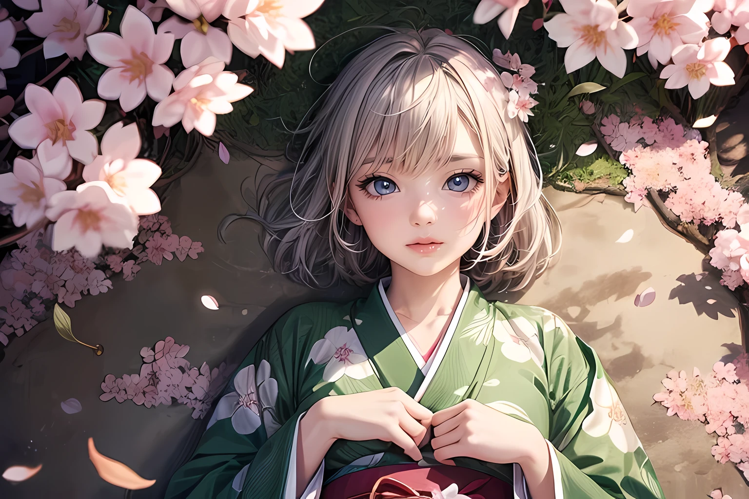 (Masterpiece, best quality), 1female, lying on her back, on the ground, sakura maiden, (ground is covered by sakura leaves:1.5), more of sakura leaves, (sakura leaves:1.3) silver hair, wearing kimono, PIXIV, krenz Cushart, pov-from above,