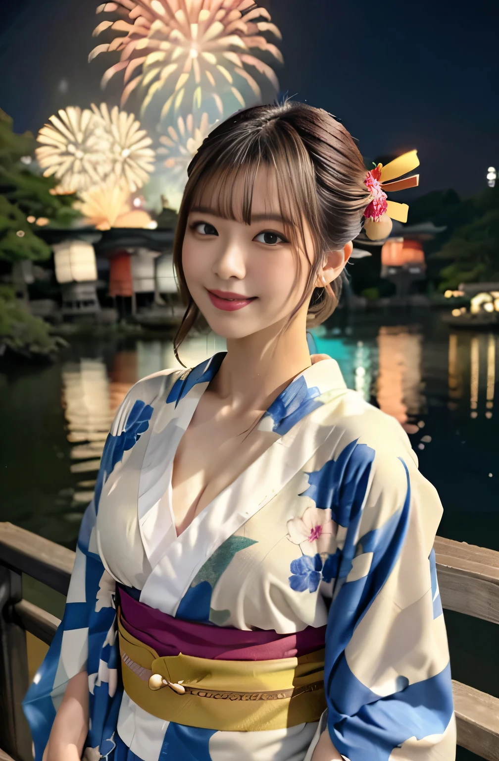 (beautiful mature adult woman),(flower hair ornament,floral braided top knot,twisted side part ponytail,floral braided headband,half up、floral braided space buns,voluminous fishtail braid,Twisted pan,),(The bangs are see-through bangs),very delicate and beautiful hair,big breasts,(((emphasize the chest:1.3))),(dynamic angle),(dynamic and sexy pose),laughter、,((( kimono,:1.3)))、Fireworks being launched into the sky against the backdrop of the riverbank at night.、cute round face,,(table top,highest quality,Ultra high resolution output image,) ,(8K quality,),(sea art 2 mode.1),(Image mode Ultra HD,)
