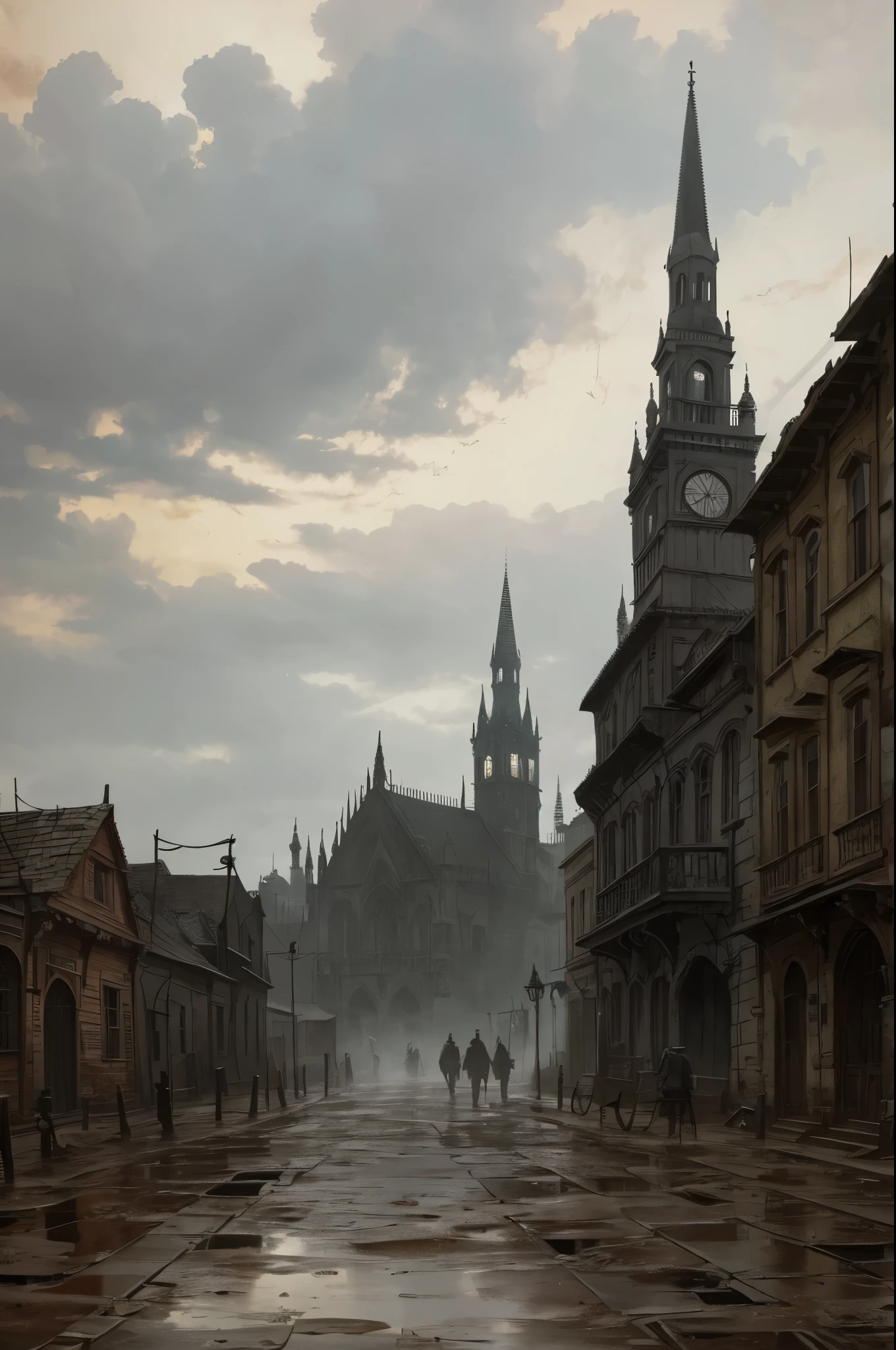 Gothic old town. Yharnam from Bloodborne. Dilapidated and poor city. puddles. dirt. Dust. Mainly cloudy. shower. Evening. Gloomy tones. Grey. sadly, gloomy. Lots of clouds. fog. oil painting.