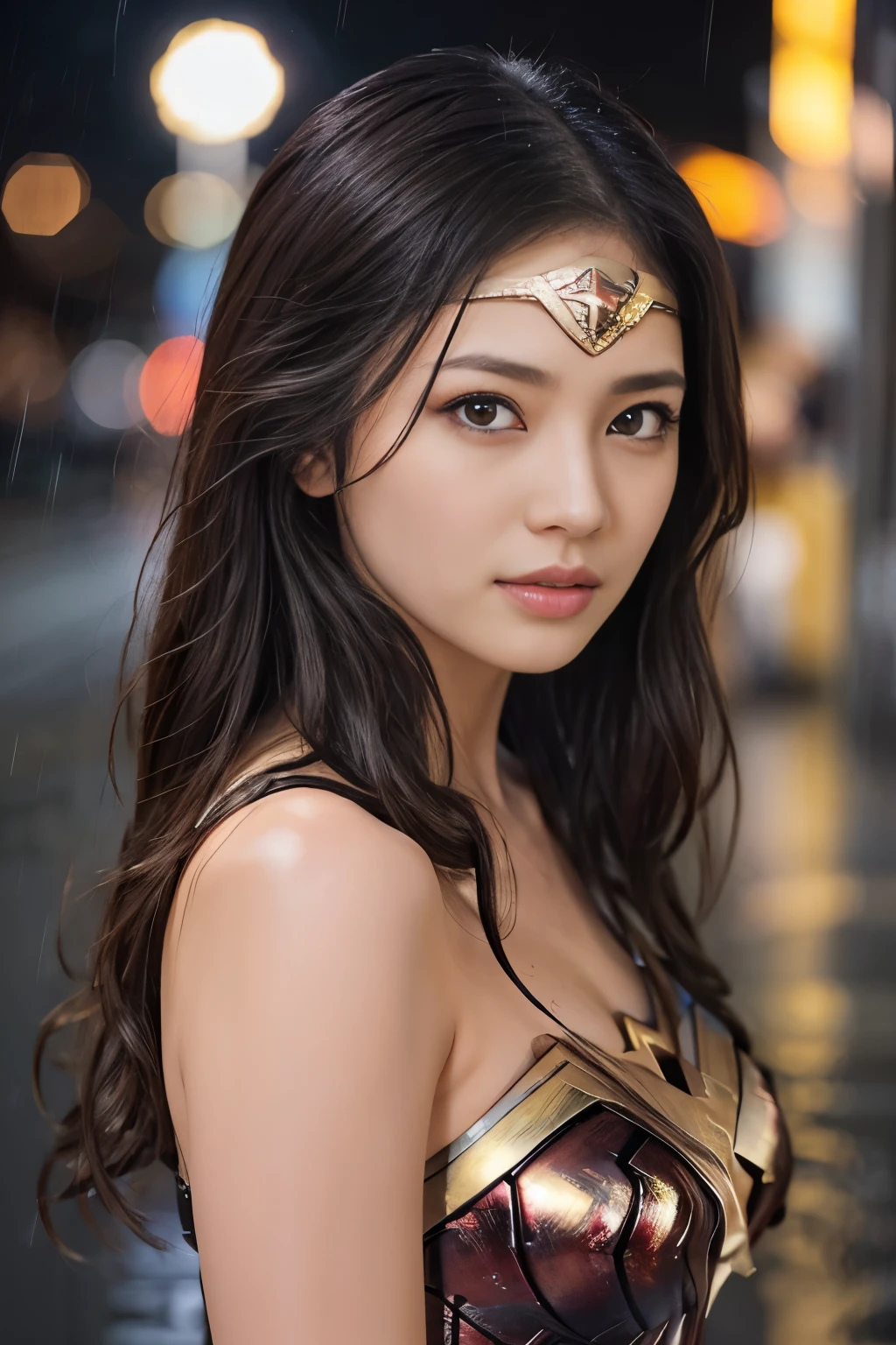 It's raining heavily,heavy rain,water dripping、wet wonder woman、drenched wonder woman,wet hair,masterpiece、1 beautiful girl、fine eyes、puffy eyes、highest quality, 超High resolution, (reality: 1.4), movie lighting、Japanese、asian beauty、Korean、super beautiful、beautiful skin、body facing forward、close up of face、(超reality的な)、(High resolution)、(8k)、(very detailed)、(美しくfine eyes)、(Super detailed)、 (wall-)、detailed face、bright lighting、professional lighting、looking at the viewer、look straight ahead、slanted bangs、brown hair、Nogizaka Idol、korean idol、fiery idol pose、、25 years old、wonder woman cosplay,wonder woman tiara