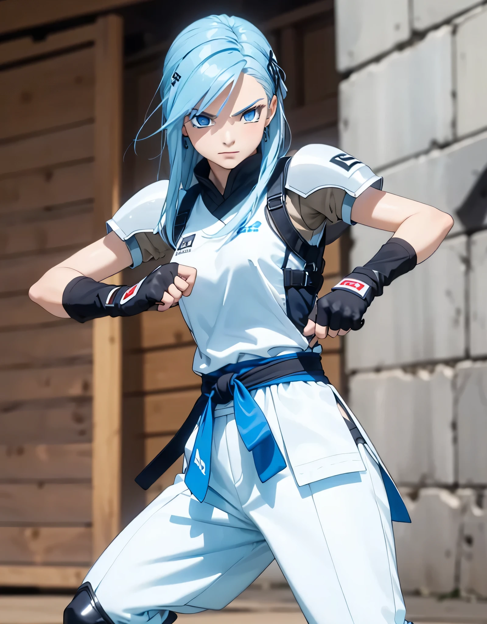  1 girl,Caucasian skin, ((( hair blue, detaileds,long hair)), ((( warm blue eyes ))),hair clips,Headscarf,hair accessories,耳环, TIGHT GLUED ARMOR,martial arts clothes,looking the viewer,fingerless glove