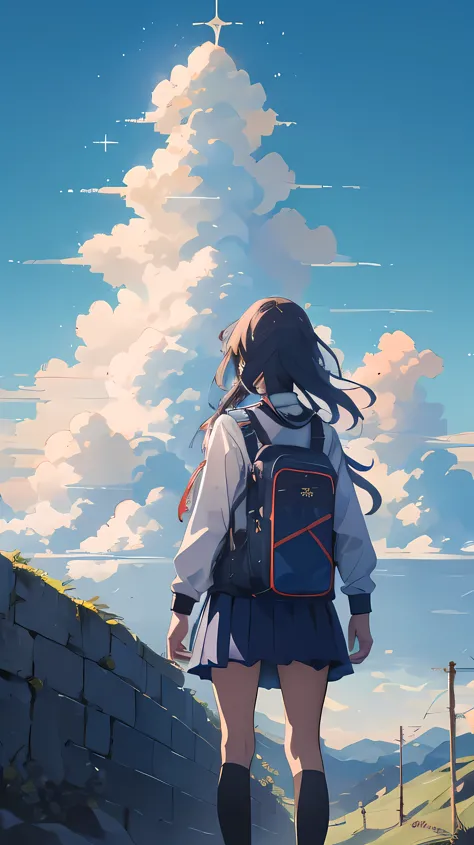 1 girl, blue sky, clouds background, very detailed, wearing school uniform, facing away, standing on a mountain going above clou...