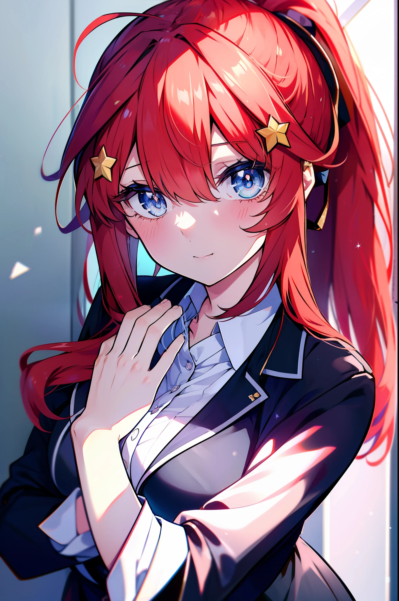 itsukinakano, Itsuki Nakano, franja, olhos azuis, cabelo entre os olhos, ahoge, ruiva, star \(símbolo\), enfeites de cabelo, star enfeites de cabelo,rabo de cavalo, olhos azuis, Seios grandes , Sorriso,8K,mais alta qualidade,Obra de arte,OL, Óculos Vermelhos, Fim, paletó preto, jaqueta de colarinho, camisa branca, camisa de colarinho, decote, botão, Alça, Cartão de identificação no pescoço,meia-calça preta,todos,Tenha um livro didático,corredorを歩いてる,
QUEBRAR indoors, escola, corredor,
QUEBRAR (Obra de arte:1.2), mais alta qualidade, alta resolução, papel de parede da unidade 8k, (figura:0.8), (olhos detalhados e lindos:1.6), rosto altamente detalhado, iluminação perfeita, CG muito detalhado, (mãos perfeitas, anatomia perfeita),