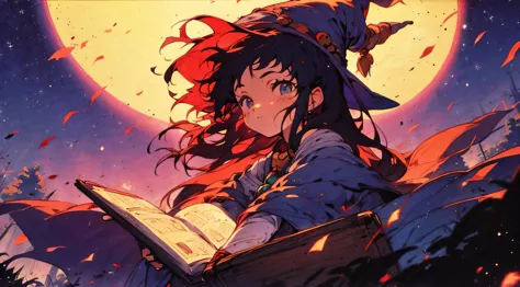 Studio Ghibli  bruxa,melhor qualidade, fantasia, retrato, witch&#39;s hat, Magia, noite, Lua, livros. Estudo