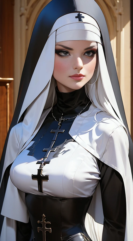 The image depicts a figure dressed in traditional nun attire with a twist, giving her the appearance of a warrior. The habit is black with silver accents, and it's designed to resemble both a religious garment and battle armor. Her white hair is shorter, adding to her stern yet graceful visage. Her facial expression is composed, featuring a subtle, closed-mouth smile that implies a malefic nature. She stands full-bodied, with a posture that exudes confidence and a sense of hidden power, beautiful, malefic expresion, warrior