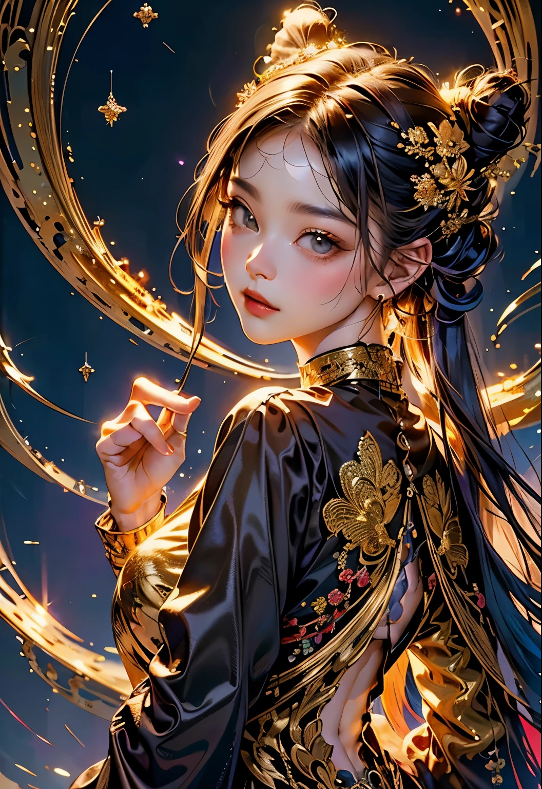 (the masterpiece、top quality、top quality、Official art、Beautiful Aesthetic:1.2)、(1 girl in)、Very detailed、(fractal art:1.3)、colorful、extreme detail　Golden nine-tailed fox　Unusual gold background　facing forward　soft smile